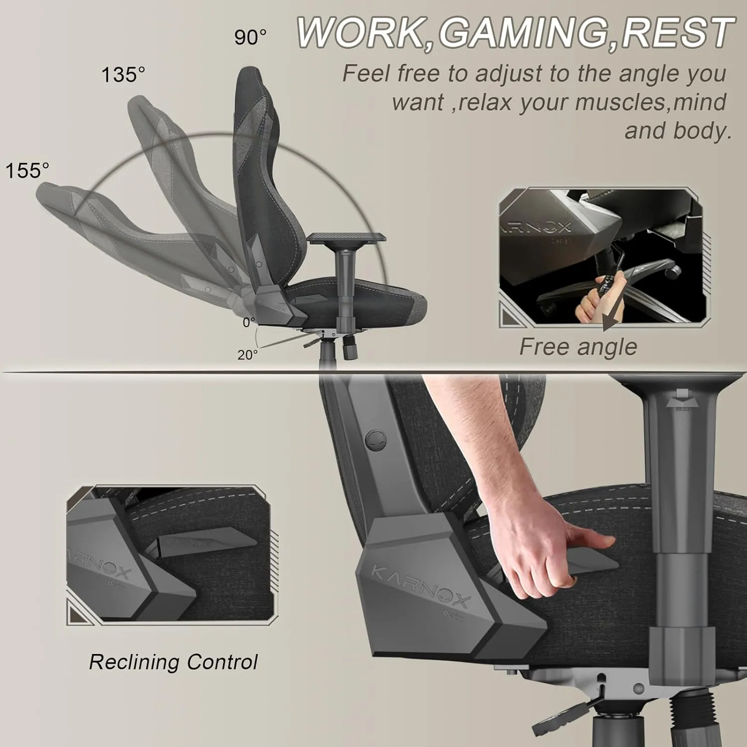 KARNOX Ergonomic Gaming Chair Fabric for Adults -,Game Chair High Back Big and Tall with Headrest and Lumbar Support,Racing Style Gaming Chair Cloth 155° Recline with Angle Lock,Dark Grey