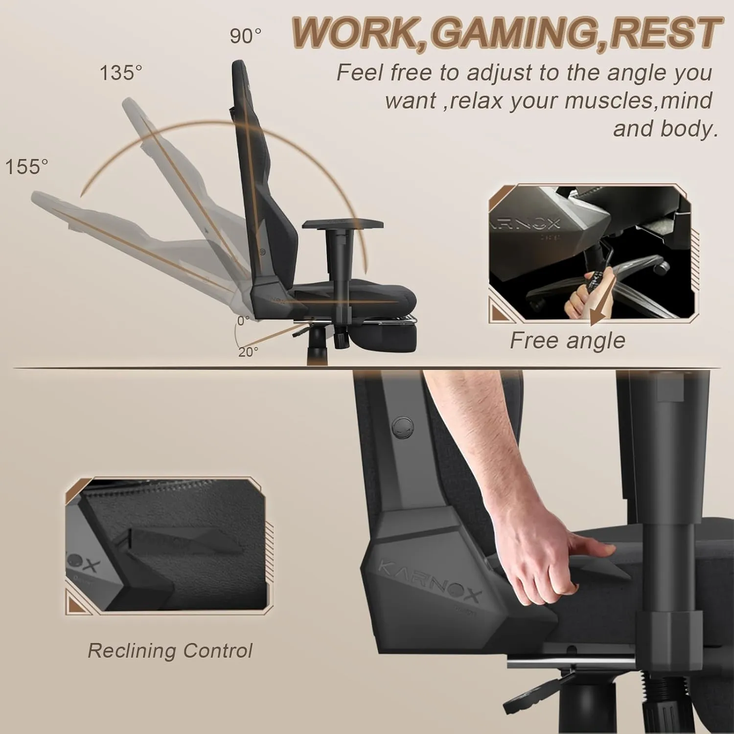 KARNOX Ergonomic Gaming Chair Fabric with Footrest for Adults,Office Chair High Back Big and Tall with Headrest and Lumbar Support, Racing Style Gaming Chair Cloth,Black and Gray