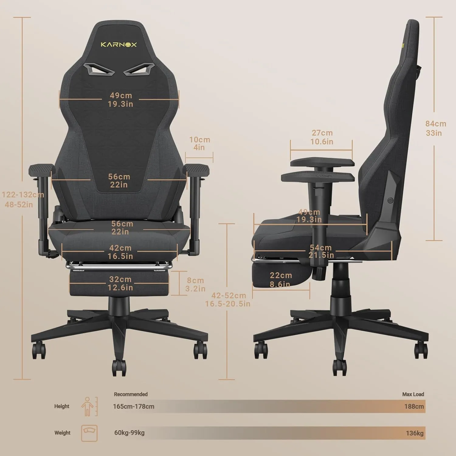 KARNOX Ergonomic Gaming Chair Fabric with Footrest for Adults,Office Chair High Back Big and Tall with Headrest and Lumbar Support, Racing Style Gaming Chair Cloth,Black and Gray