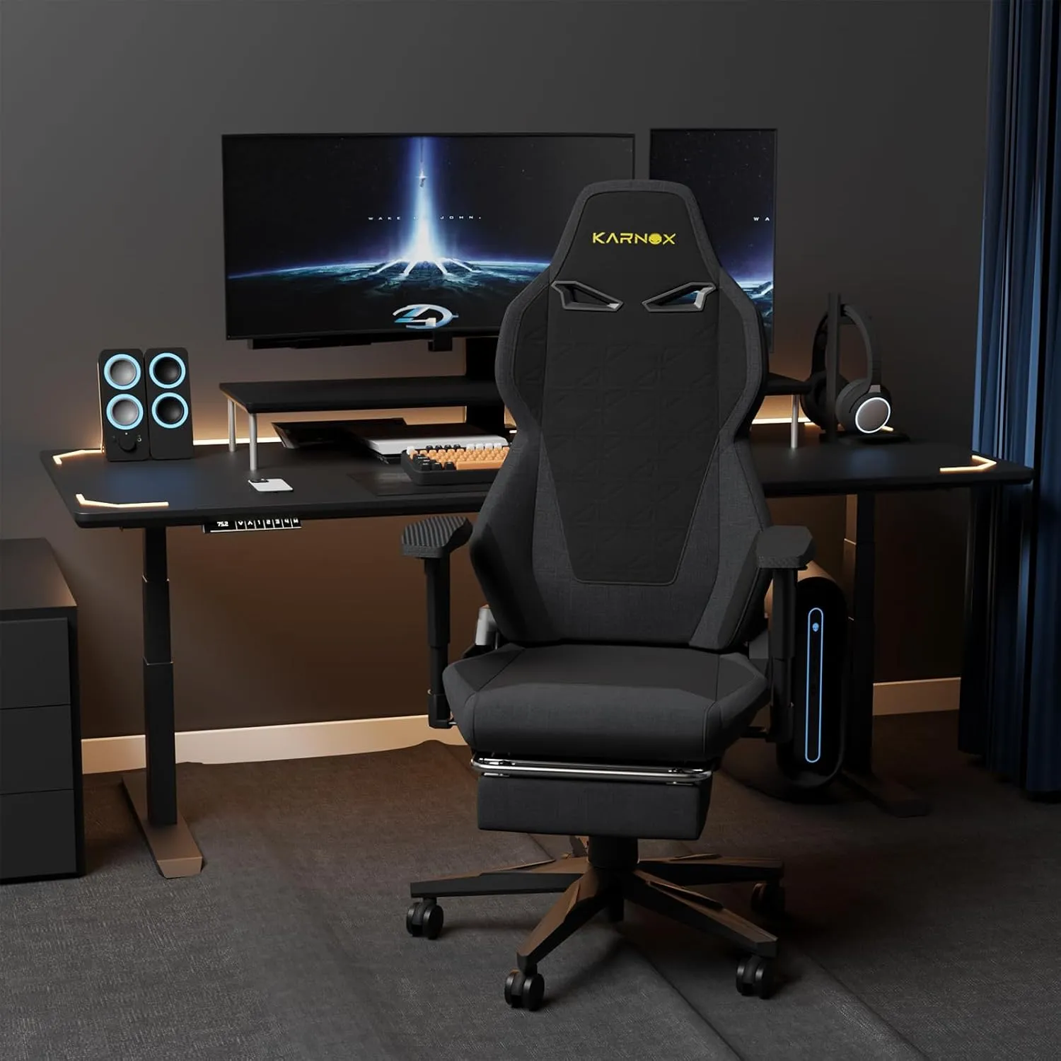 KARNOX Ergonomic Gaming Chair Fabric with Footrest for Adults,Office Chair High Back Big and Tall with Headrest and Lumbar Support, Racing Style Gaming Chair Cloth,Black and Gray