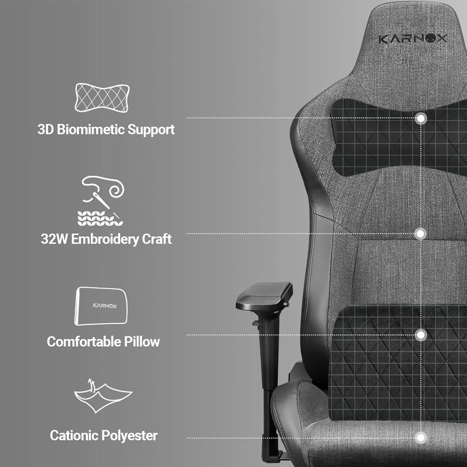 KARNOX Legend Gaming Chair Ergonomic Fabric for Adult,Office PC Chair Racing High-Back with Adjustable Headrest and Lumbar Support 360 Degree Swivel Recling Computer Chair Cloth Dark Grey