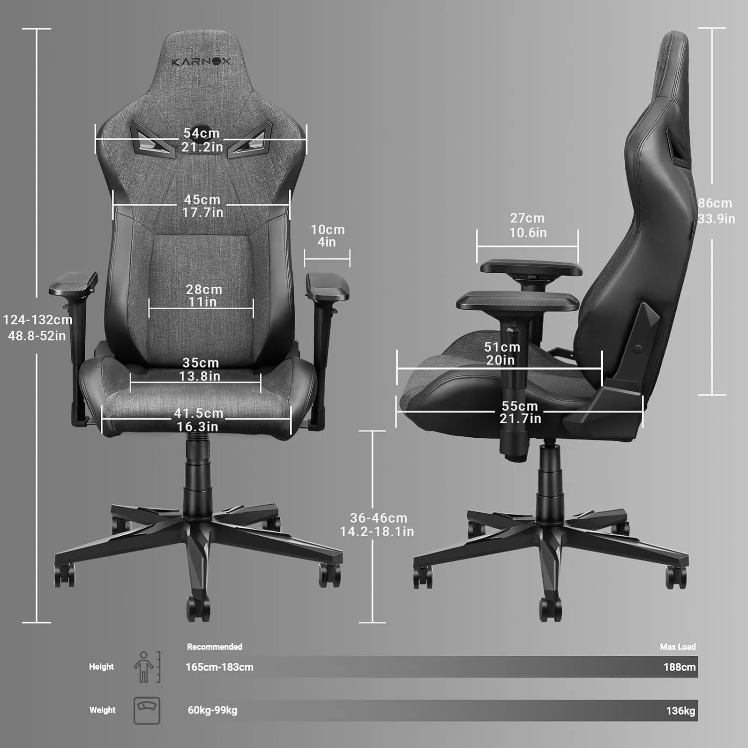 KARNOX Legend Gaming Chair Ergonomic Fabric for Adult,Office PC Chair Racing High-Back with Adjustable Headrest and Lumbar Support 360 Degree Swivel Recling Computer Chair Cloth Dark Grey