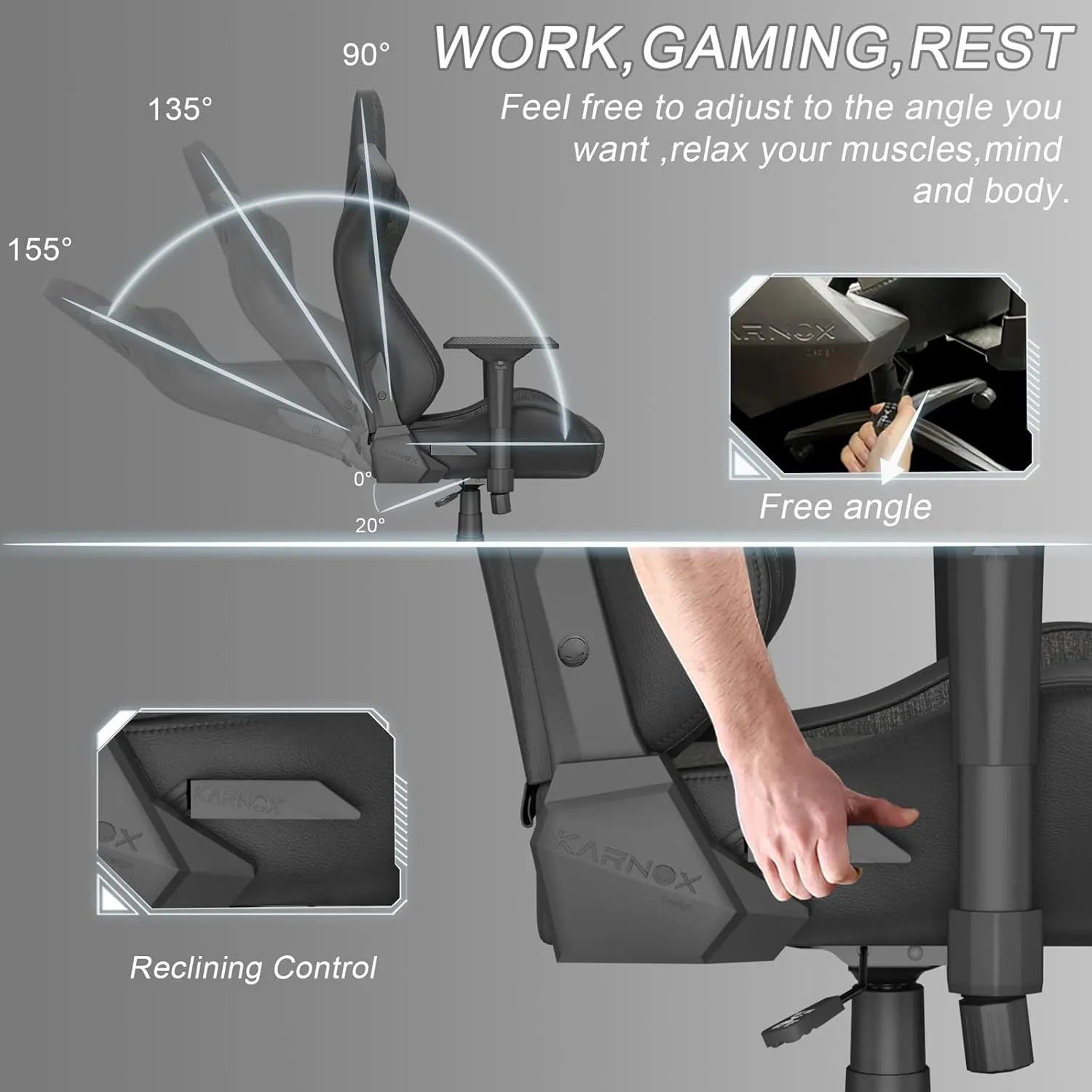 KARNOX Legend Gaming Chair Ergonomic Fabric for Adult,Office PC Chair Racing High-Back with Adjustable Headrest and Lumbar Support 360 Degree Swivel Recling Computer Chair Cloth Dark Grey