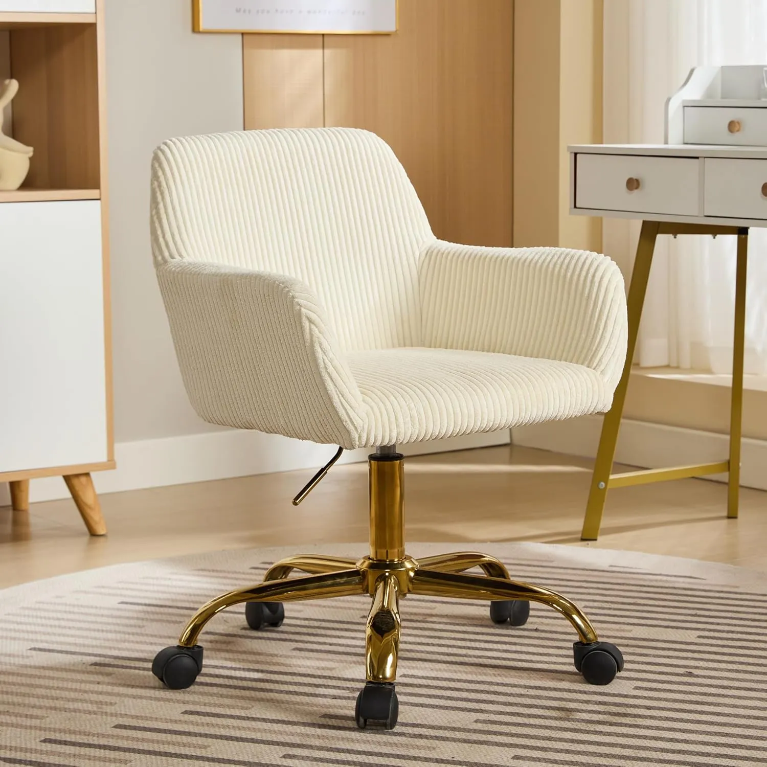 KCC Corduroy Fabric Vanity Makeup Desk Chair, Fluffy Swivel Modern Armchair with Wheels, Upholstered Fuzzy Height Adjustable for Girls Home Office, Beige