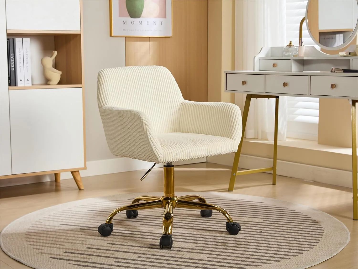 KCC Corduroy Fabric Vanity Makeup Desk Chair, Fluffy Swivel Modern Armchair with Wheels, Upholstered Fuzzy Height Adjustable for Girls Home Office, Beige