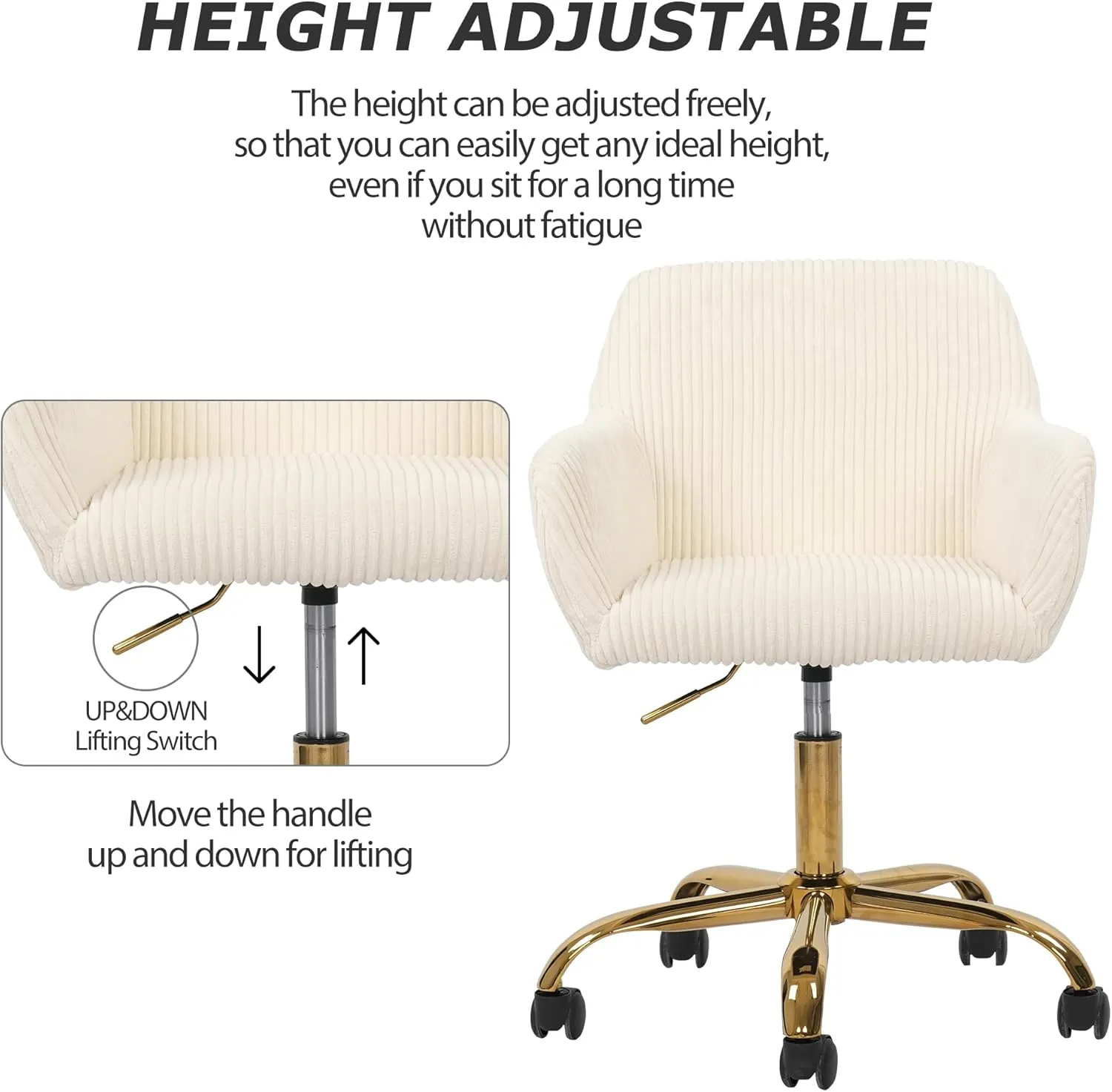 KCC Corduroy Fabric Vanity Makeup Desk Chair, Fluffy Swivel Modern Armchair with Wheels, Upholstered Fuzzy Height Adjustable for Girls Home Office, Beige