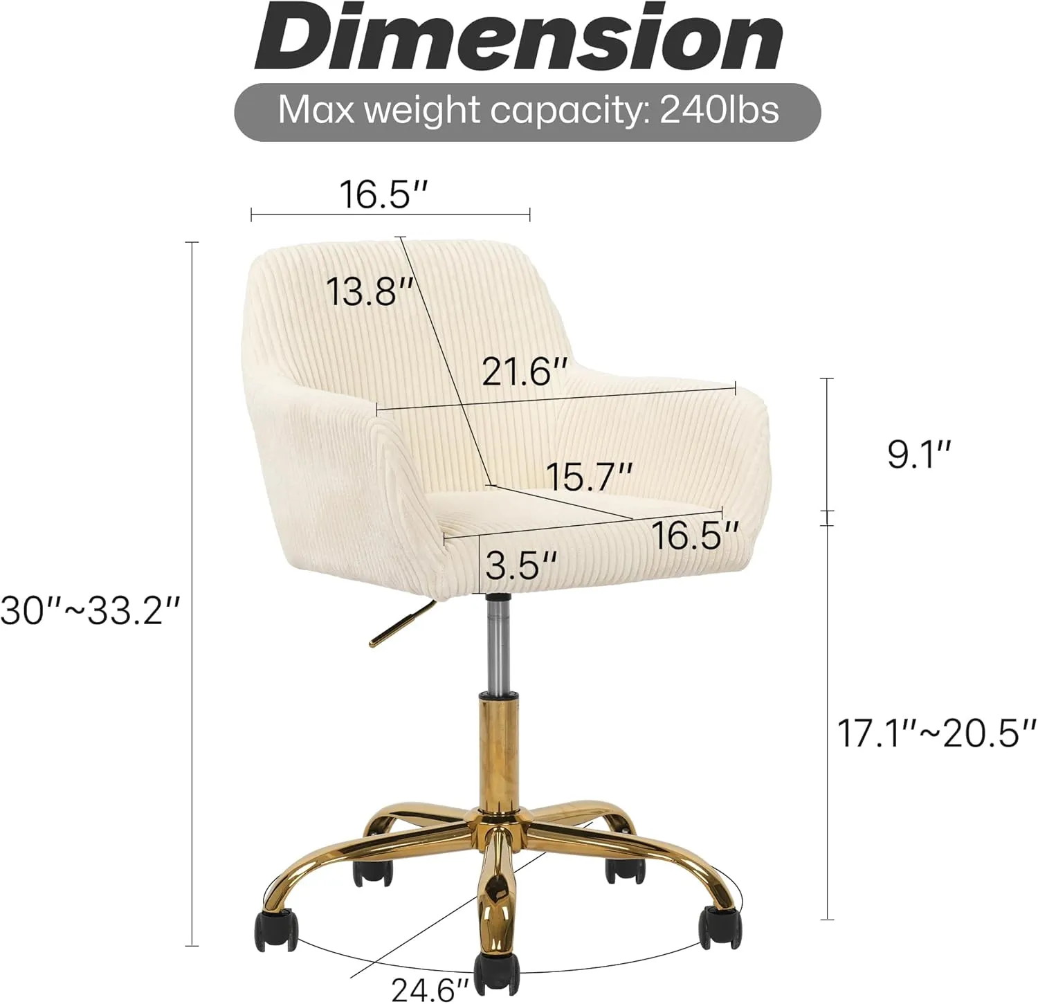 KCC Corduroy Fabric Vanity Makeup Desk Chair, Fluffy Swivel Modern Armchair with Wheels, Upholstered Fuzzy Height Adjustable for Girls Home Office, Beige