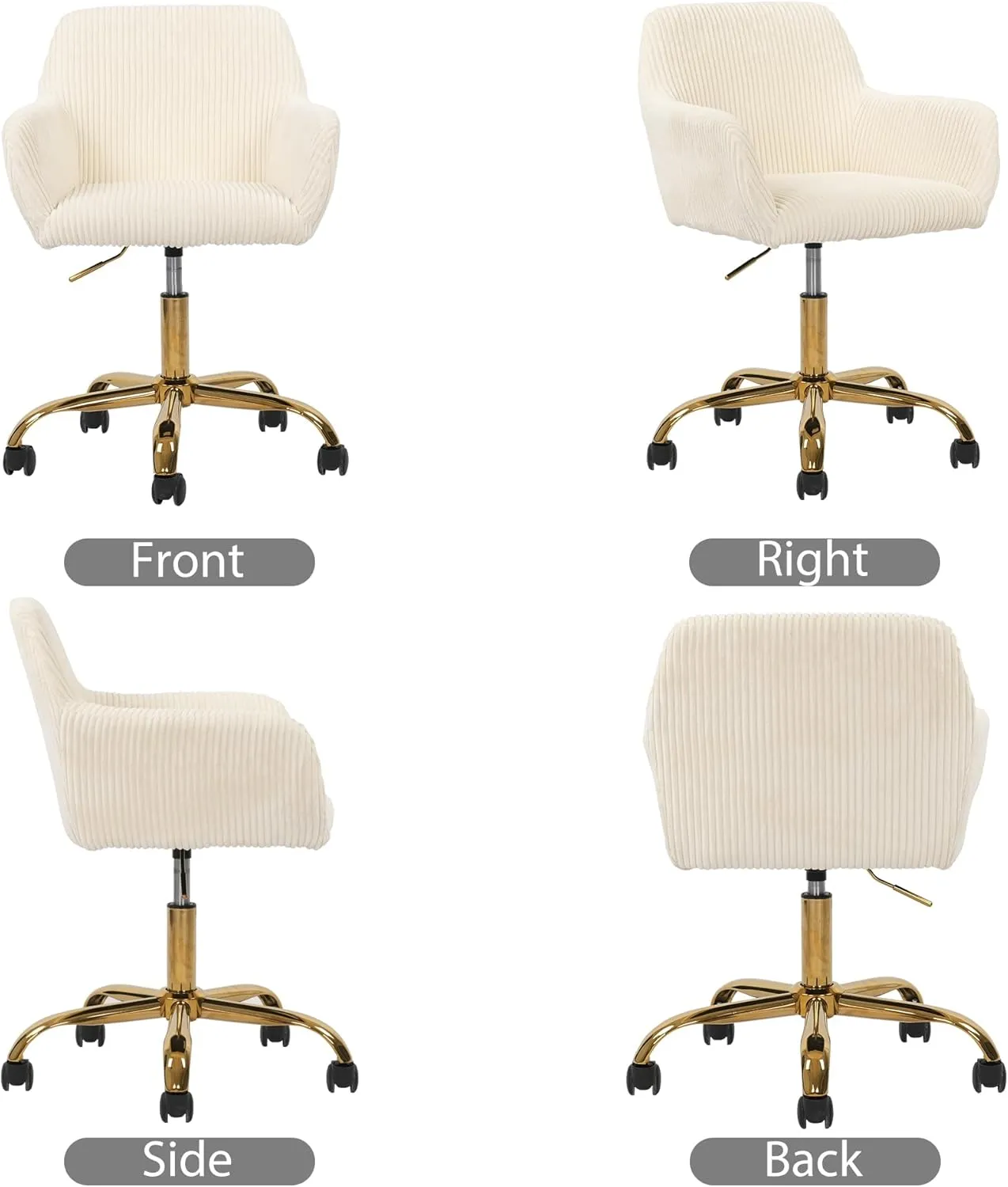 KCC Corduroy Fabric Vanity Makeup Desk Chair, Fluffy Swivel Modern Armchair with Wheels, Upholstered Fuzzy Height Adjustable for Girls Home Office, Beige