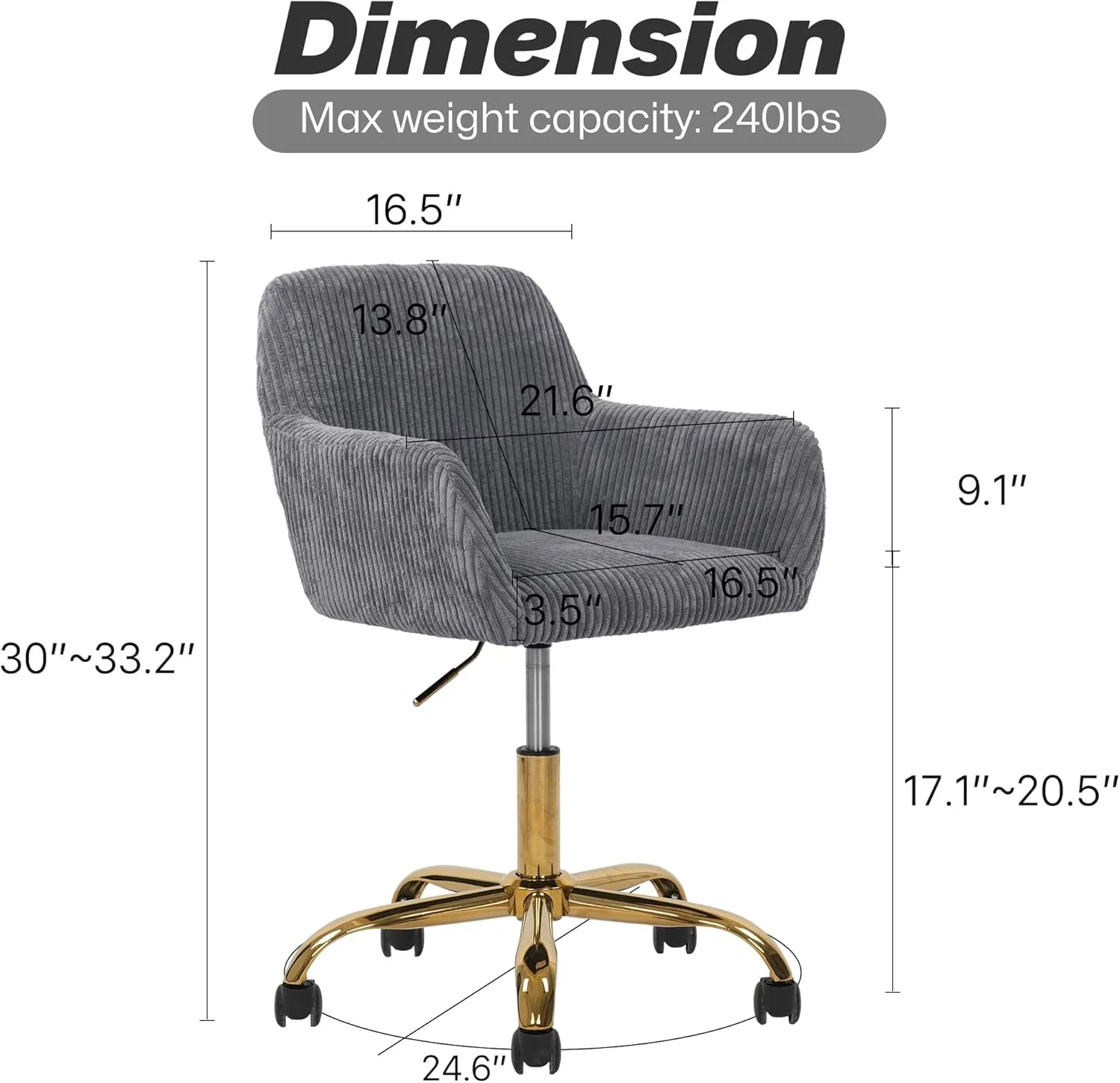 KCC Corduroy Fabric Vanity Makeup Desk Chair, Fluffy Swivel Modern Armchair with Wheels, Upholstered Fuzzy Height Adjustable for Girls Home Office, Gray