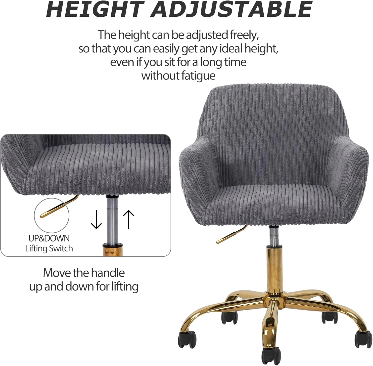 KCC Corduroy Fabric Vanity Makeup Desk Chair, Fluffy Swivel Modern Armchair with Wheels, Upholstered Fuzzy Height Adjustable for Girls Home Office, Gray