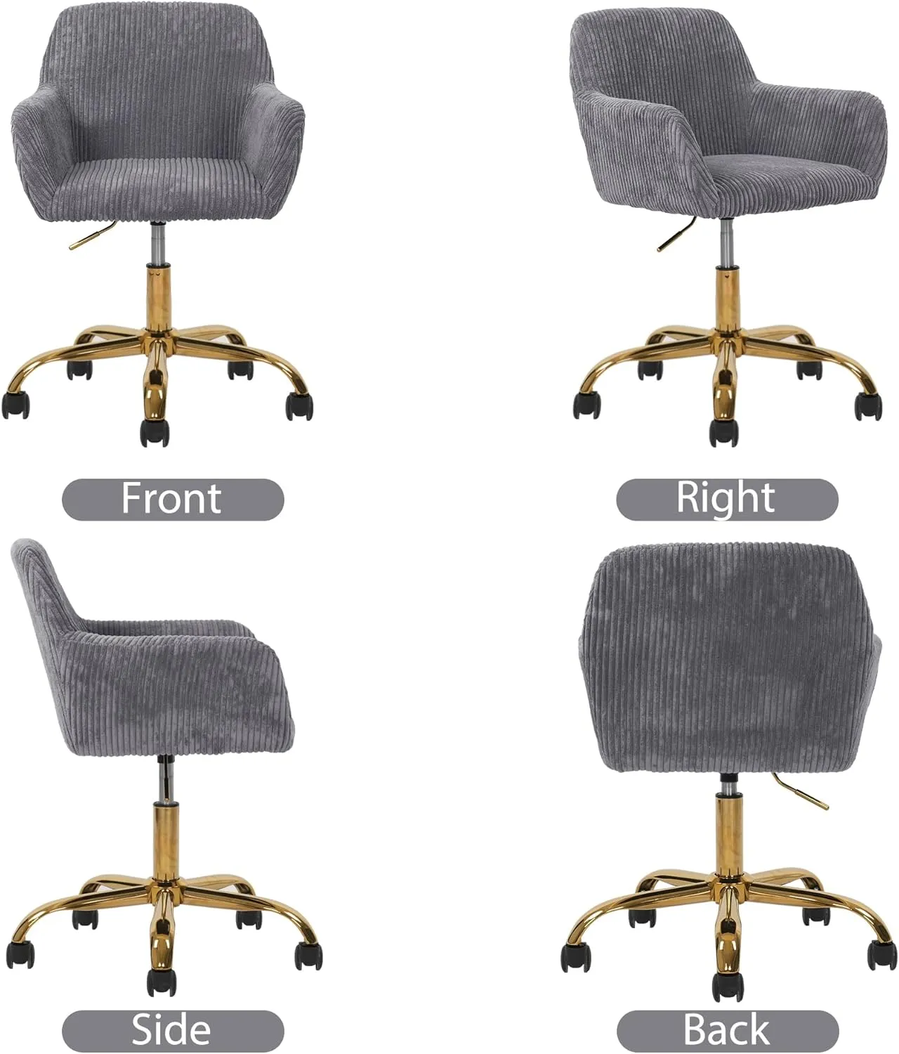 KCC Corduroy Fabric Vanity Makeup Desk Chair, Fluffy Swivel Modern Armchair with Wheels, Upholstered Fuzzy Height Adjustable for Girls Home Office, Gray