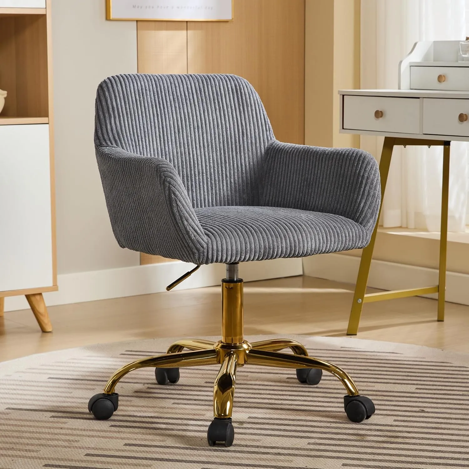KCC Corduroy Fabric Vanity Makeup Desk Chair, Fluffy Swivel Modern Armchair with Wheels, Upholstered Fuzzy Height Adjustable for Girls Home Office, Gray