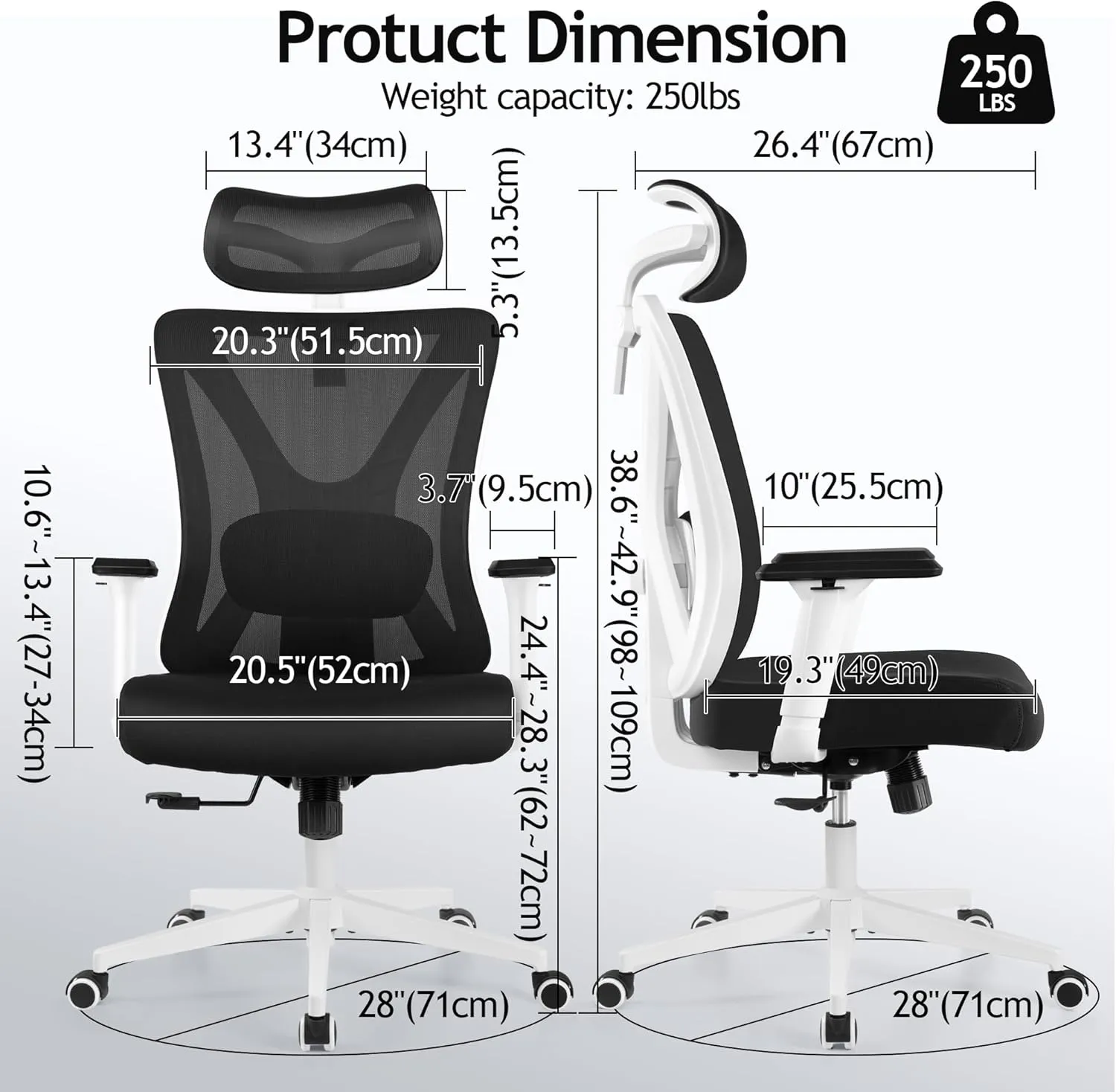 KERDOM Ergonomic Office Chair Desk Chair Comfortable Mesh Gaming Computer Swivel Rolling Chair, High Back Office Chair with Wheels, Headrest, 3D Armrest and Lumbar Support Home Office Desk Chair White