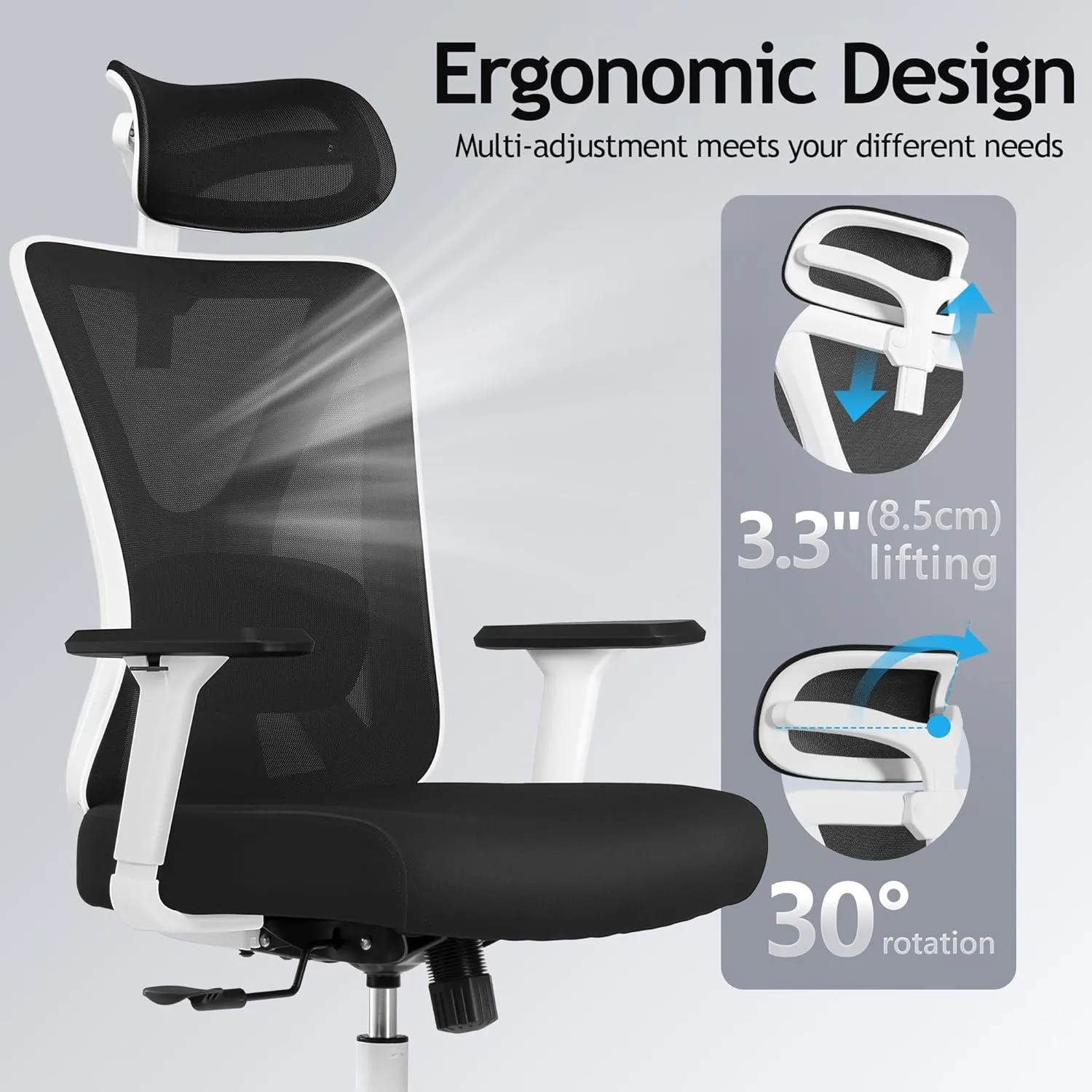 KERDOM Ergonomic Office Chair Desk Chair Comfortable Mesh Gaming Computer Swivel Rolling Chair, High Back Office Chair with Wheels, Headrest, 3D Armrest and Lumbar Support Home Office Desk Chair White