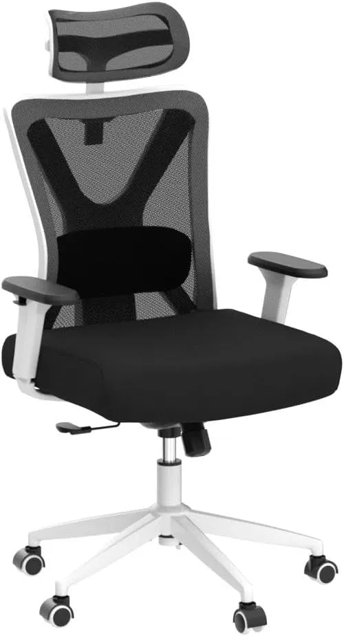 KERDOM Ergonomic Office Chair Desk Chair Comfortable Mesh Gaming Computer Swivel Rolling Chair, High Back Office Chair with Wheels, Headrest, 3D Armrest and Lumbar Support Home Office Desk Chair White