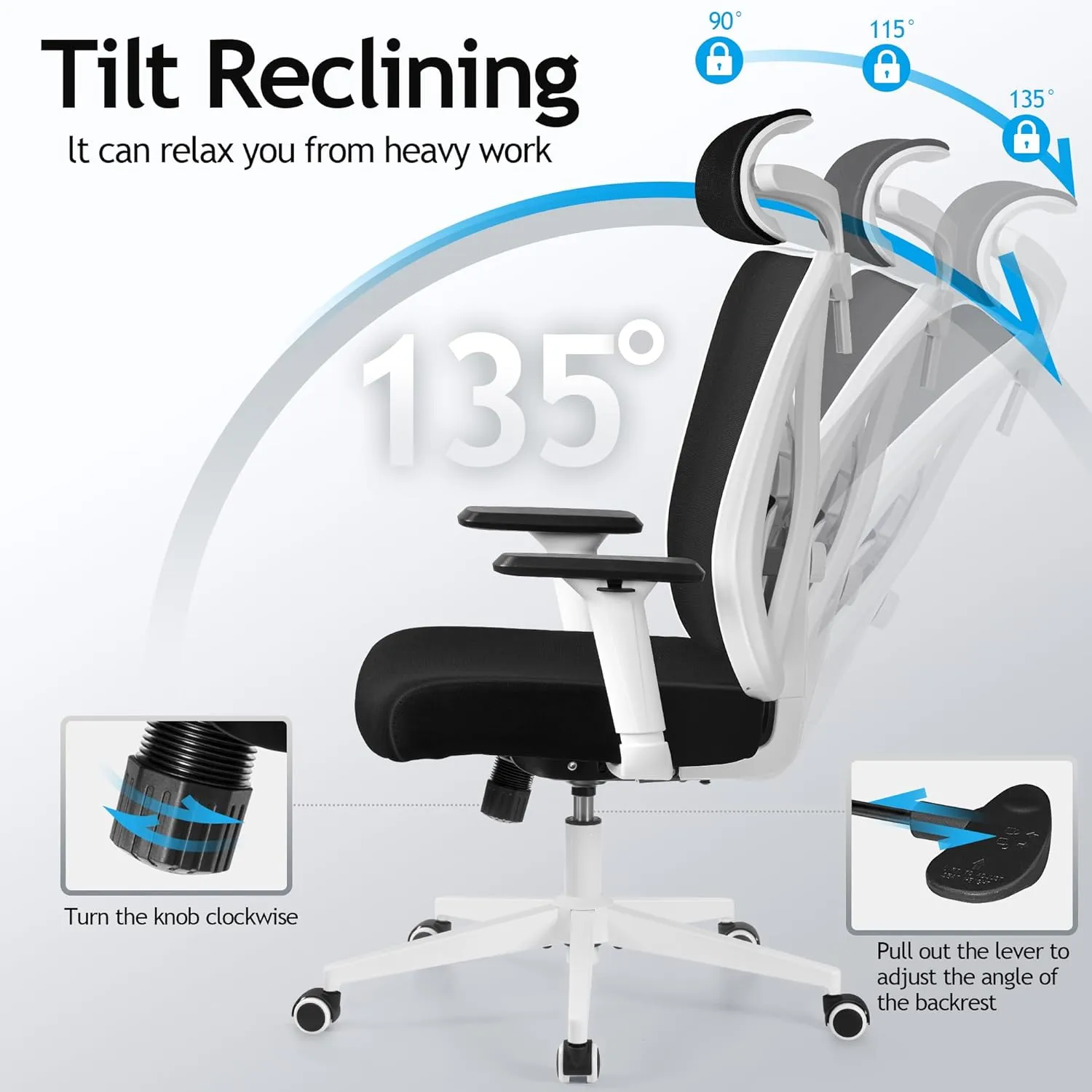 KERDOM Ergonomic Office Chair Desk Chair Comfortable Mesh Gaming Computer Swivel Rolling Chair, High Back Office Chair with Wheels, Headrest, 3D Armrest and Lumbar Support Home Office Desk Chair White