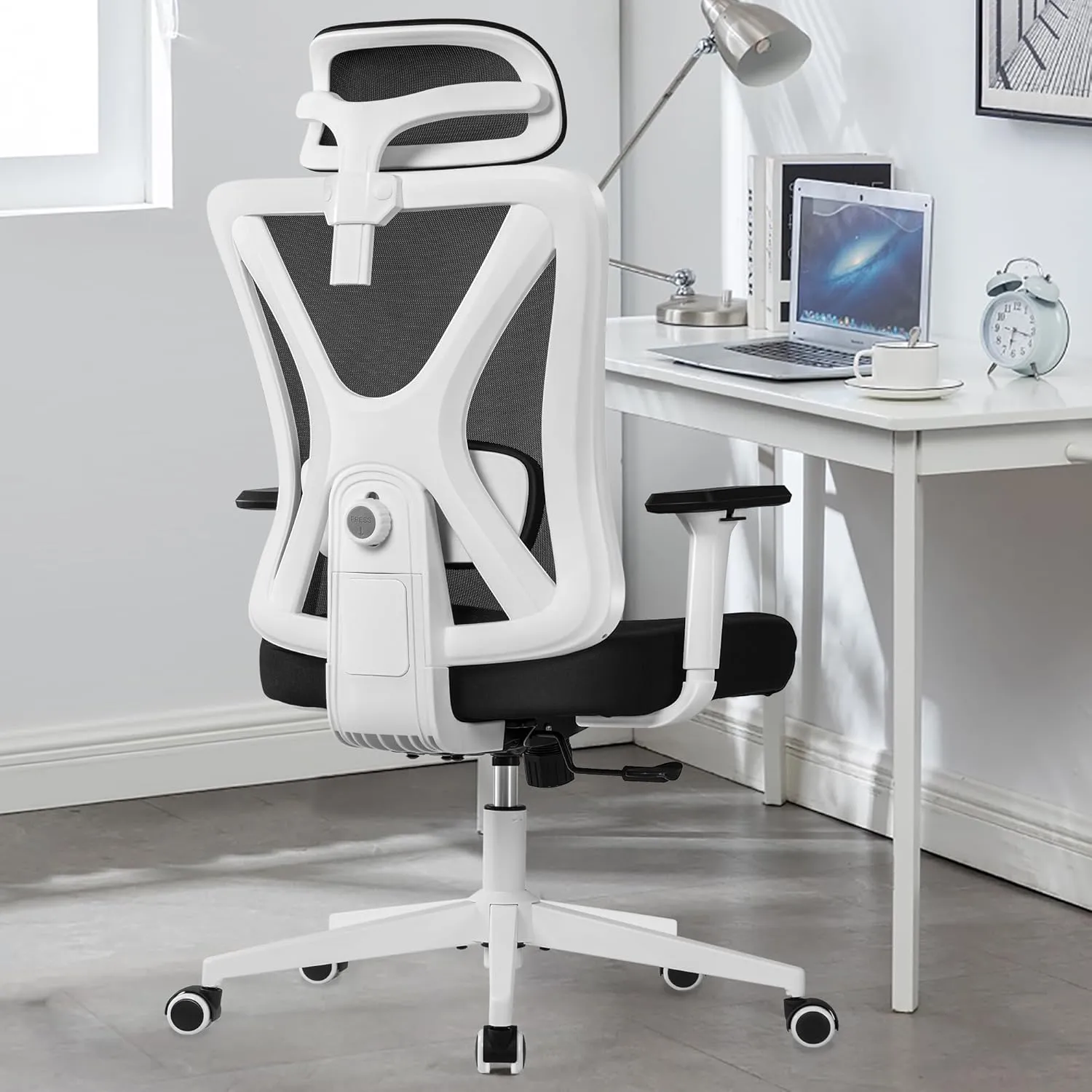 KERDOM Ergonomic Office Chair Desk Chair Comfortable Mesh Gaming Computer Swivel Rolling Chair, High Back Office Chair with Wheels, Headrest, 3D Armrest and Lumbar Support Home Office Desk Chair White