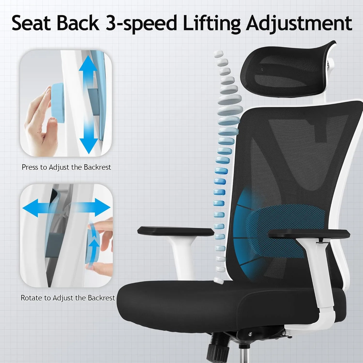 KERDOM Ergonomic Office Chair Desk Chair Comfortable Mesh Gaming Computer Swivel Rolling Chair, High Back Office Chair with Wheels, Headrest, 3D Armrest and Lumbar Support Home Office Desk Chair White