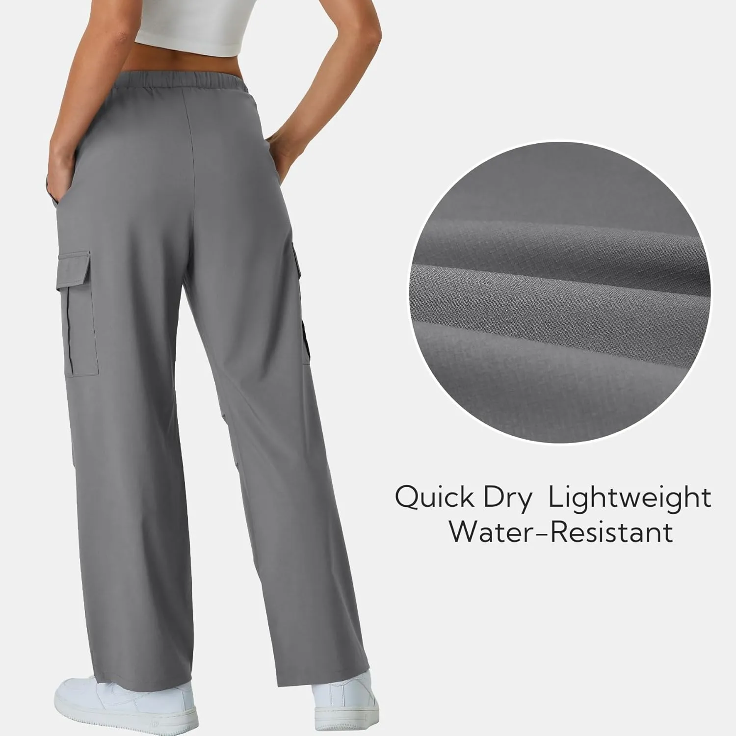 keriffe Women's Cargo Pants Quick Dry Lightweight Water-Resistant Hiking Pants Elastic High Waisted Drawstring 4 Pockets