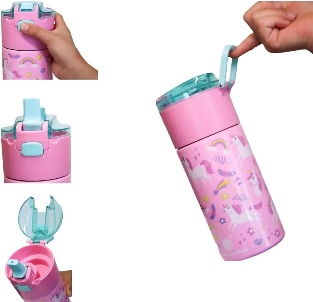Kids insulated water bottle with straw and snack cup. Double wall stainless steel 14oz (Pink Unicorn)