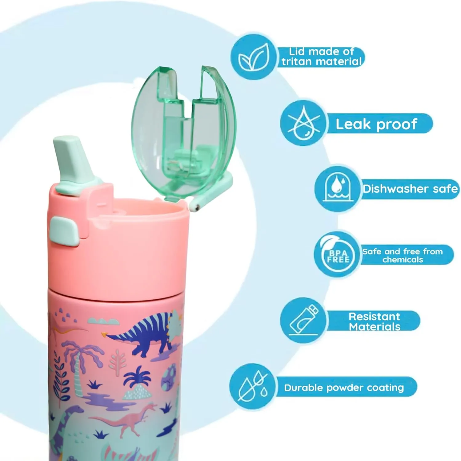 Kids insulated water bottle with straw and snack cup. Double wall stainless steel 14oz (Pink Unicorn)
