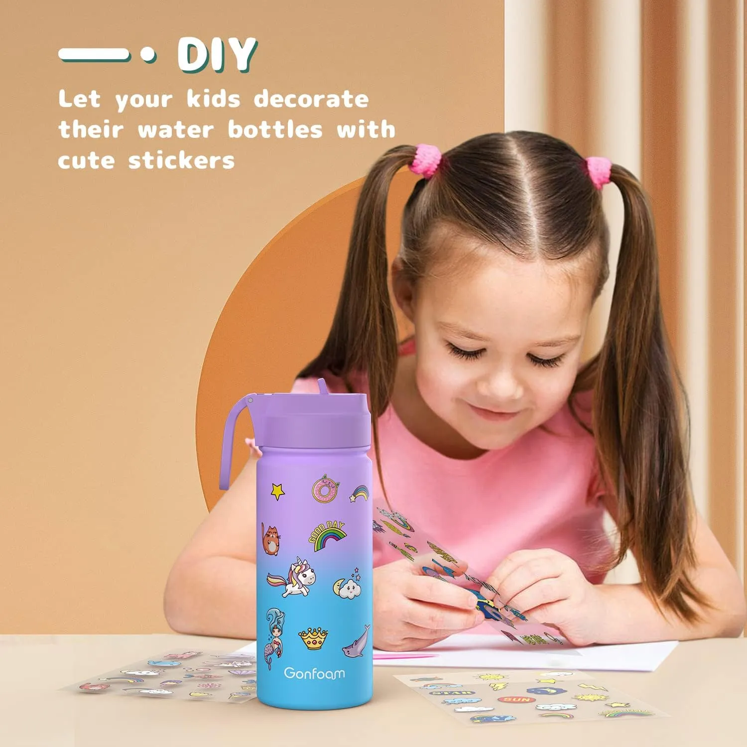 Kids Water Bottle, 2-Pack 16oz Water Bottles with Stickers and Straw, Stainless Steel Vacuum Insulated cup, Kids Water Bottle for School, Gifts for Boys and Girls(Purple/Green)