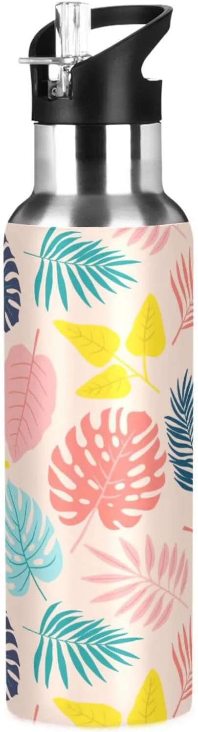 Kigai Palm Insulated Water Bottle with Straw Lid BPA-Free 20 oz Double Wall Vacuum Stainless Steel Leakproof Sports Water Bottle for Travel Fitness Gym