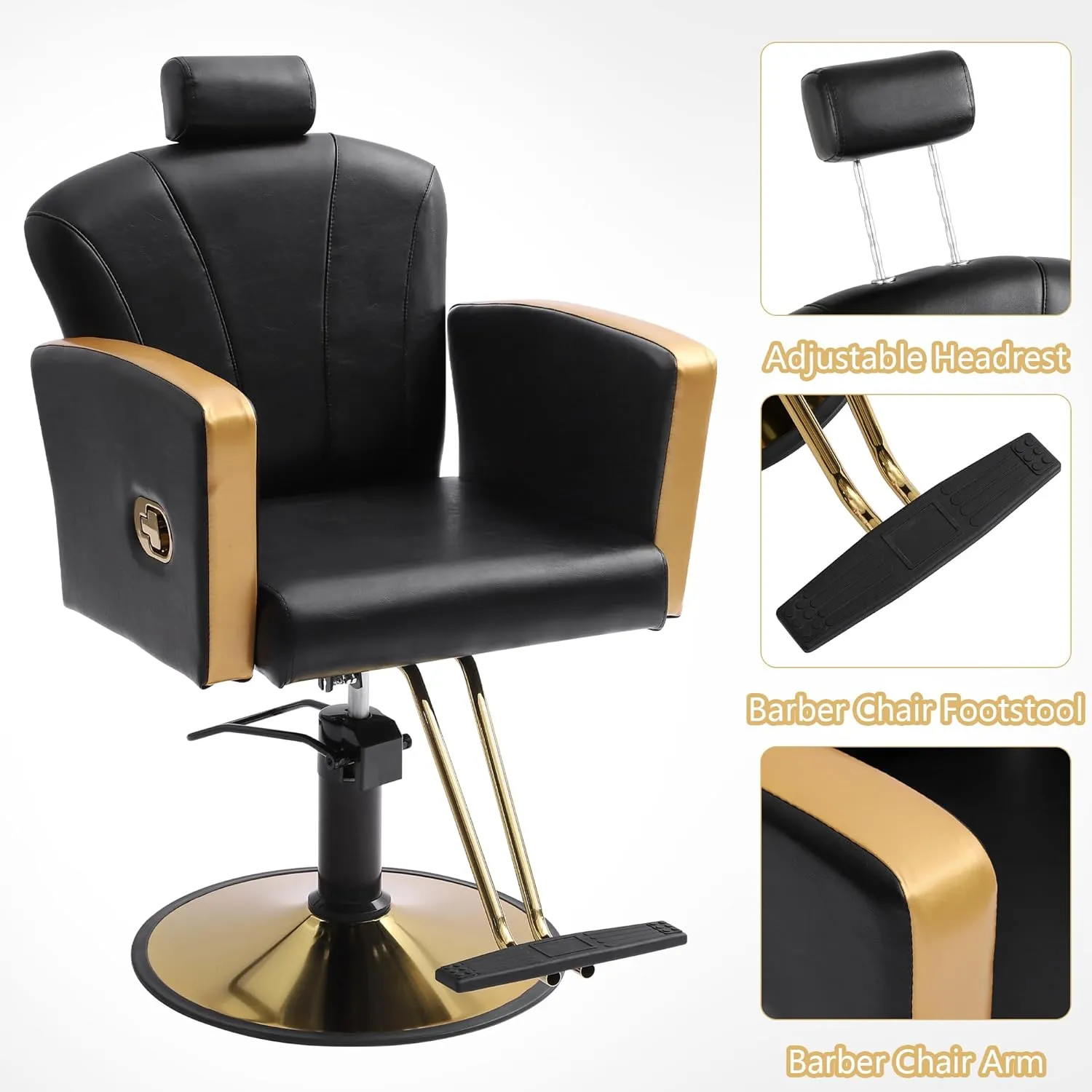 KIGOTY Barber Chair,Salon Chair for Hair Stylist, Reclining Salon Chair with Hydraulic Pump,360 Degree Swivel Hair Stylist Chairs with Footrest and Adjustable Headrest for Barbershop (Black-Gold)