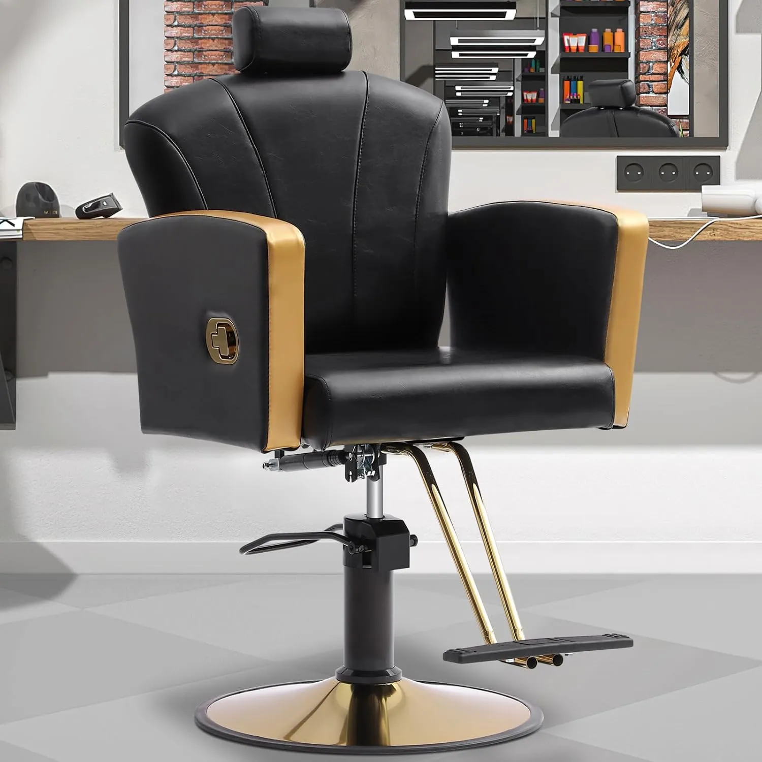 KIGOTY Barber Chair,Salon Chair for Hair Stylist, Reclining Salon Chair with Hydraulic Pump,360 Degree Swivel Hair Stylist Chairs with Footrest and Adjustable Headrest for Barbershop (Black-Gold)