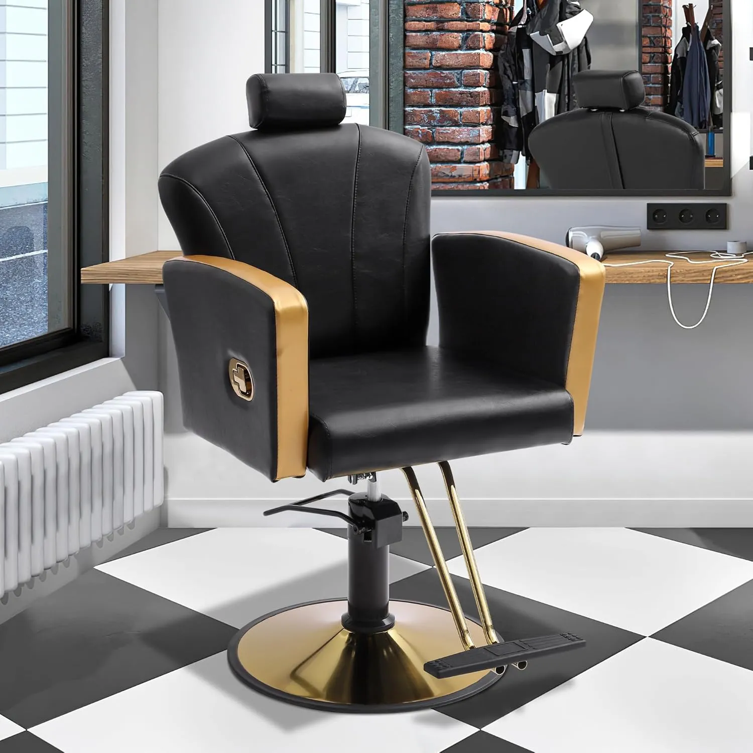 KIGOTY Barber Chair,Salon Chair for Hair Stylist, Reclining Salon Chair with Hydraulic Pump,360 Degree Swivel Hair Stylist Chairs with Footrest and Adjustable Headrest for Barbershop (Black-Gold)