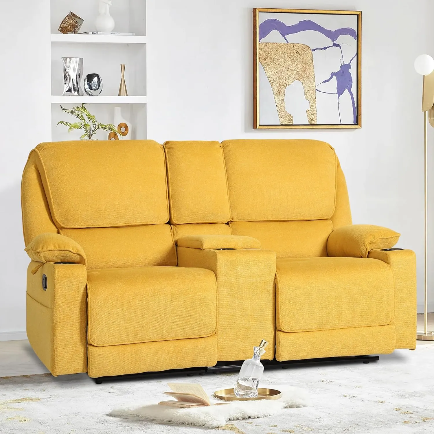 KIGOTY Loveseat Recliner Sofa,2 Seat Reclining Loveseat,Manual Recliner Sofa,Home Theater Seating with Storage Console，RV Love Seat Couch Chair with 4 Cup Holders,Lemon Yellow
