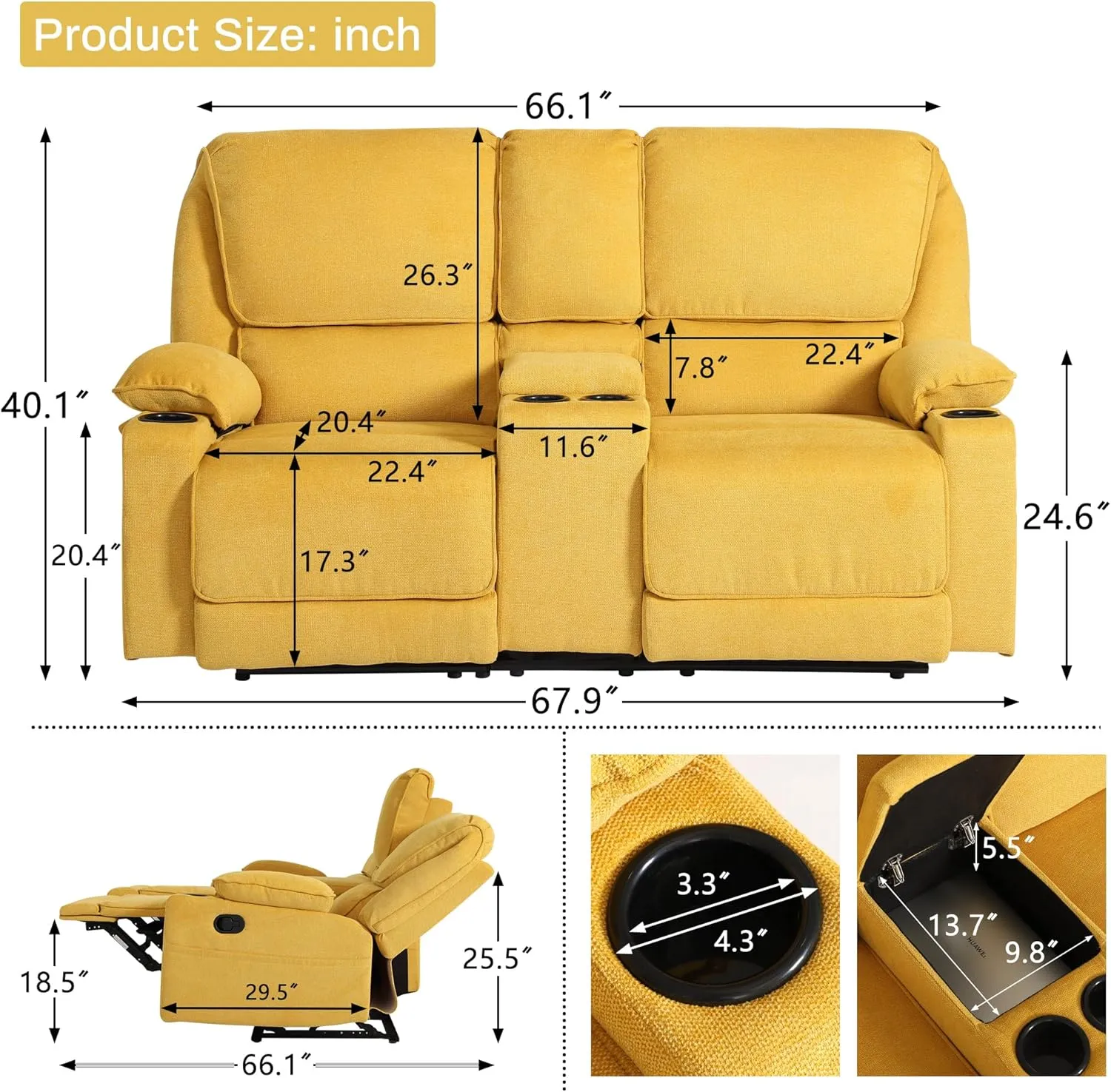 KIGOTY Loveseat Recliner Sofa,2 Seat Reclining Loveseat,Manual Recliner Sofa,Home Theater Seating with Storage Console，RV Love Seat Couch Chair with 4 Cup Holders,Lemon Yellow