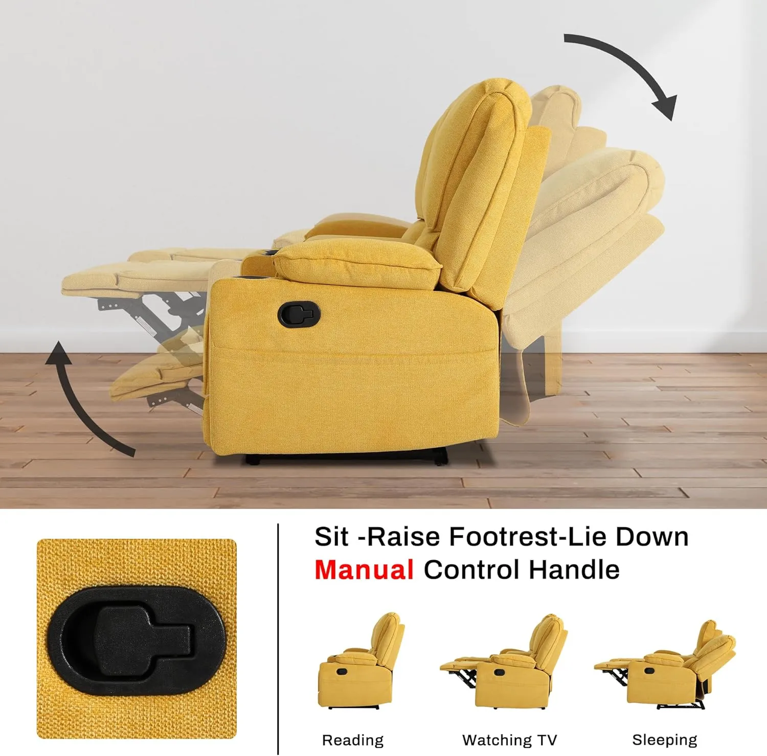 KIGOTY Loveseat Recliner Sofa,2 Seat Reclining Loveseat,Manual Recliner Sofa,Home Theater Seating with Storage Console，RV Love Seat Couch Chair with 4 Cup Holders,Lemon Yellow
