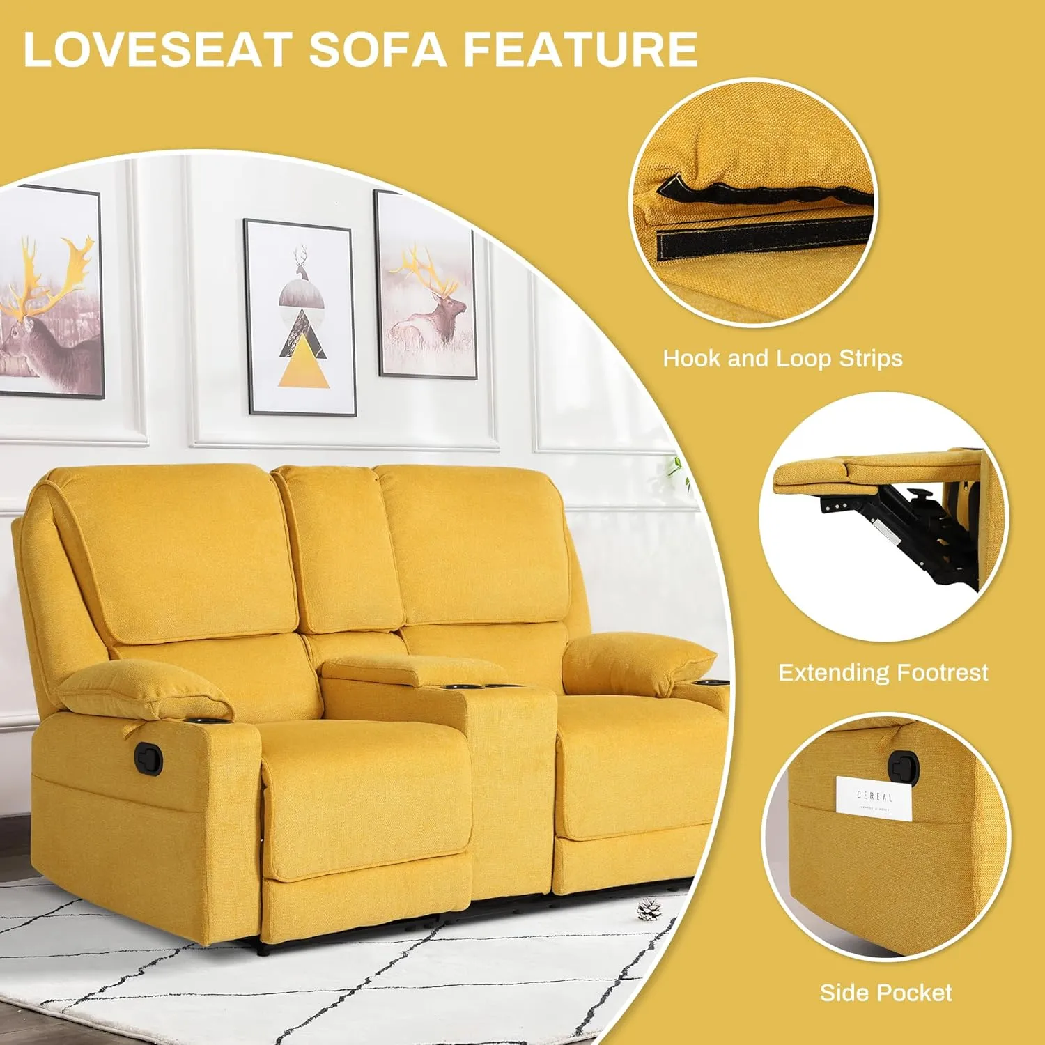 KIGOTY Loveseat Recliner Sofa,2 Seat Reclining Loveseat,Manual Recliner Sofa,Home Theater Seating with Storage Console，RV Love Seat Couch Chair with 4 Cup Holders,Lemon Yellow