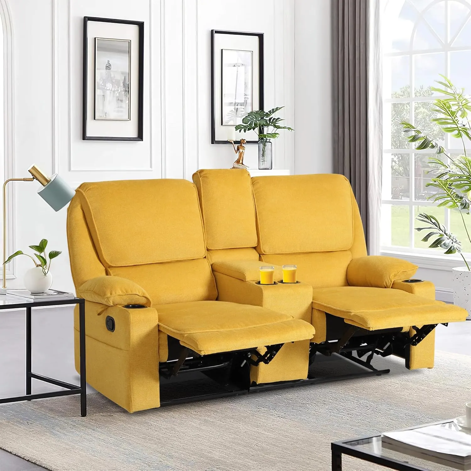 KIGOTY Loveseat Recliner Sofa,2 Seat Reclining Loveseat,Manual Recliner Sofa,Home Theater Seating with Storage Console，RV Love Seat Couch Chair with 4 Cup Holders,Lemon Yellow
