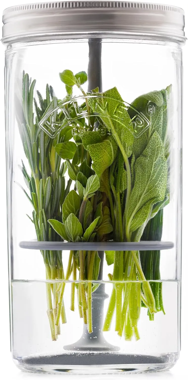Kilner Herb Keeper Set | Keep Herbs Fresh for Up to 3 Weeks | 1L Wide Mouth Jar with Stainless Steel Lid & Silicone Lifter | Easy-to-Use for Home-Grown or Store-Bought Herbs | Recipe Booklet Included