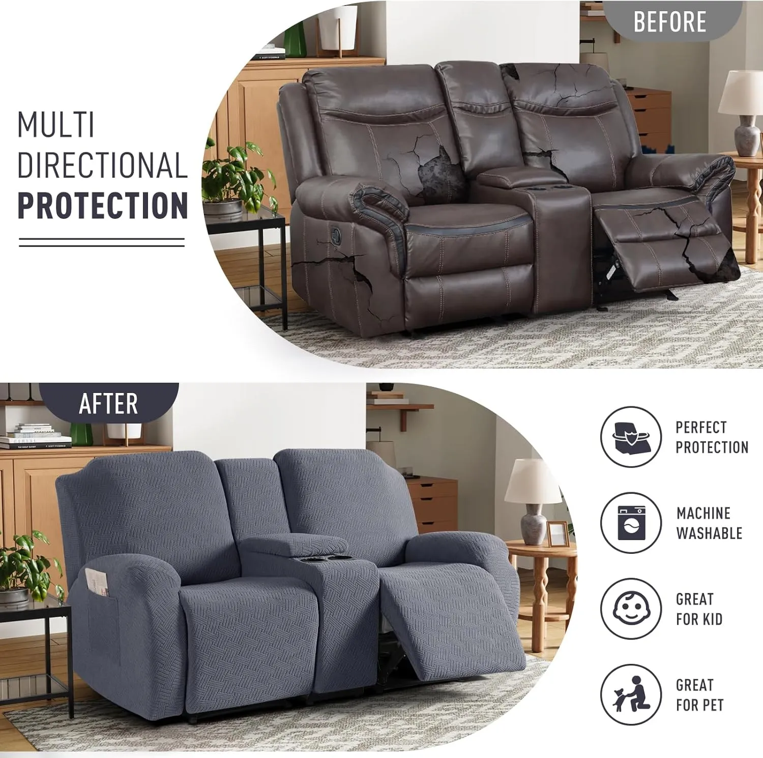 KinCam Loveseat Recliner Covers with Middle Console Slipcover, Recliner Sofa Covers 2 Seat Couch Cover Stripe Jacquard Furniture Protector Covers with Elastic Bottom for Kids, Pets (Dark Gray)