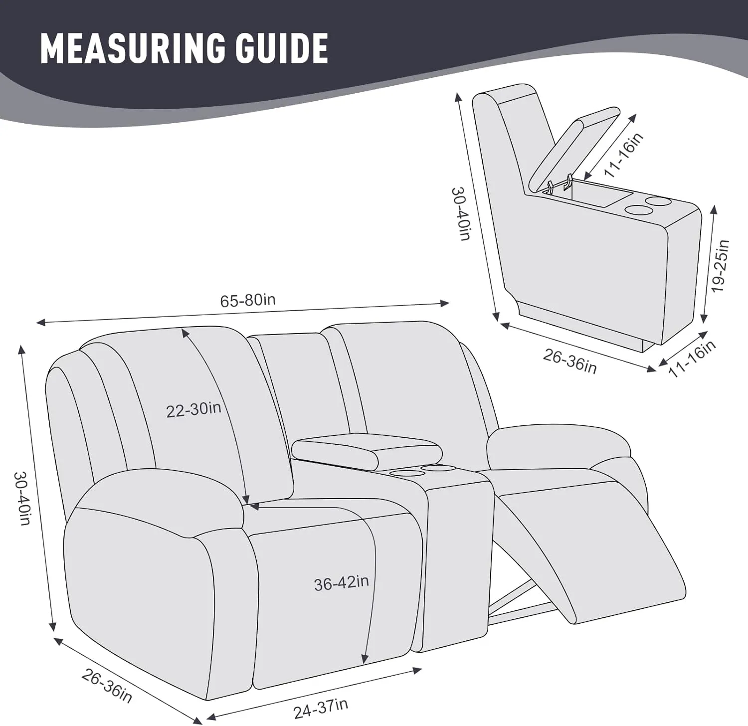 KinCam Loveseat Recliner Covers with Middle Console Slipcover, Recliner Sofa Covers 2 Seat Couch Cover Stripe Jacquard Furniture Protector Covers with Elastic Bottom for Kids, Pets (Dark Gray)