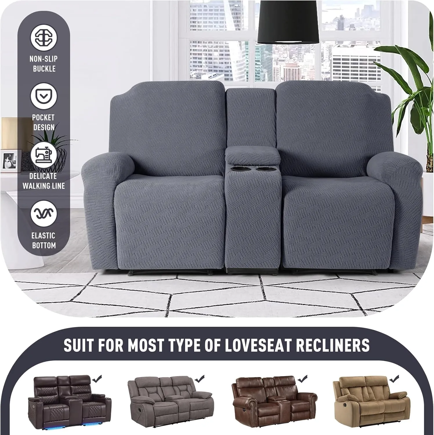 KinCam Loveseat Recliner Covers with Middle Console Slipcover, Recliner Sofa Covers 2 Seat Couch Cover Stripe Jacquard Furniture Protector Covers with Elastic Bottom for Kids, Pets (Dark Gray)