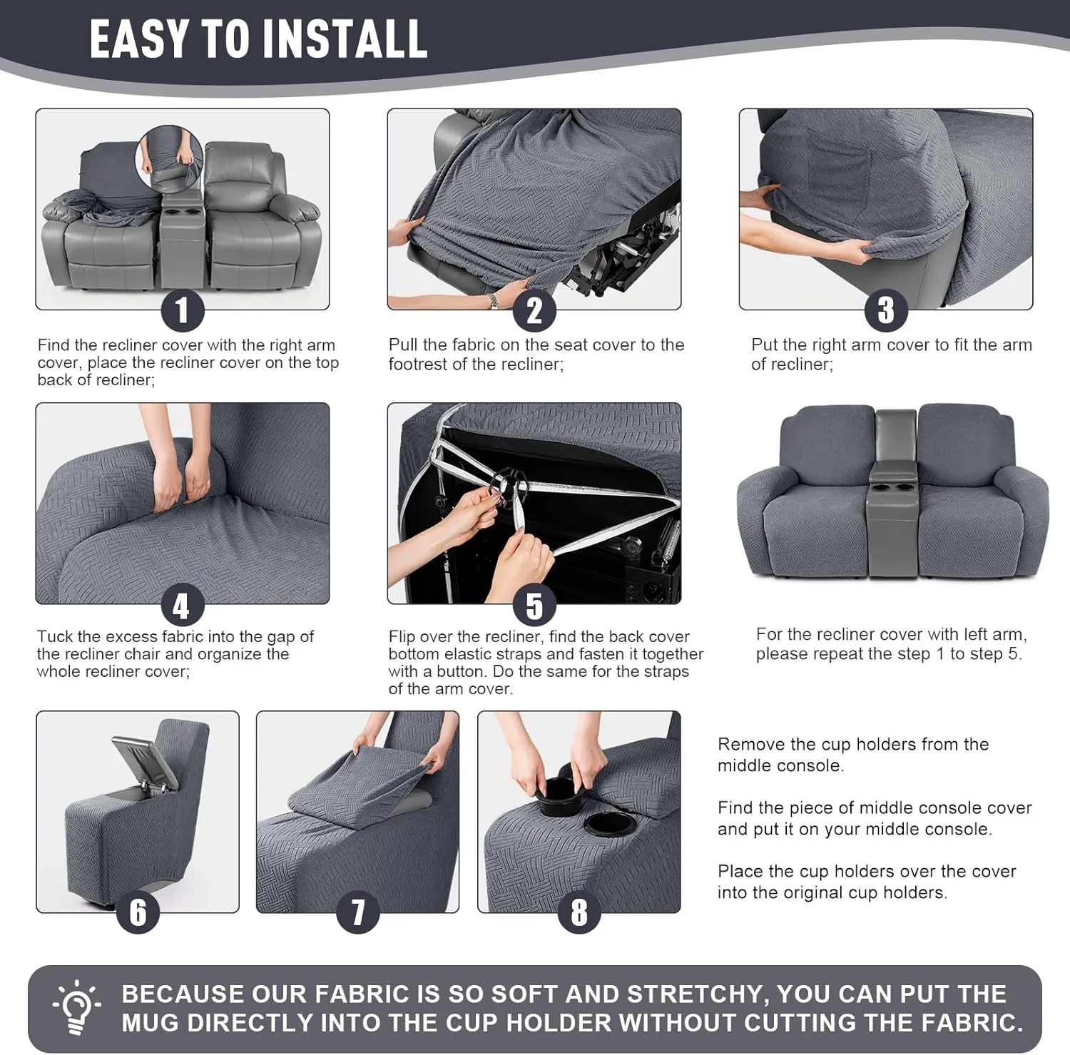 KinCam Loveseat Recliner Covers with Middle Console Slipcover, Recliner Sofa Covers 2 Seat Couch Cover Stripe Jacquard Furniture Protector Covers with Elastic Bottom for Kids, Pets (Dark Gray)