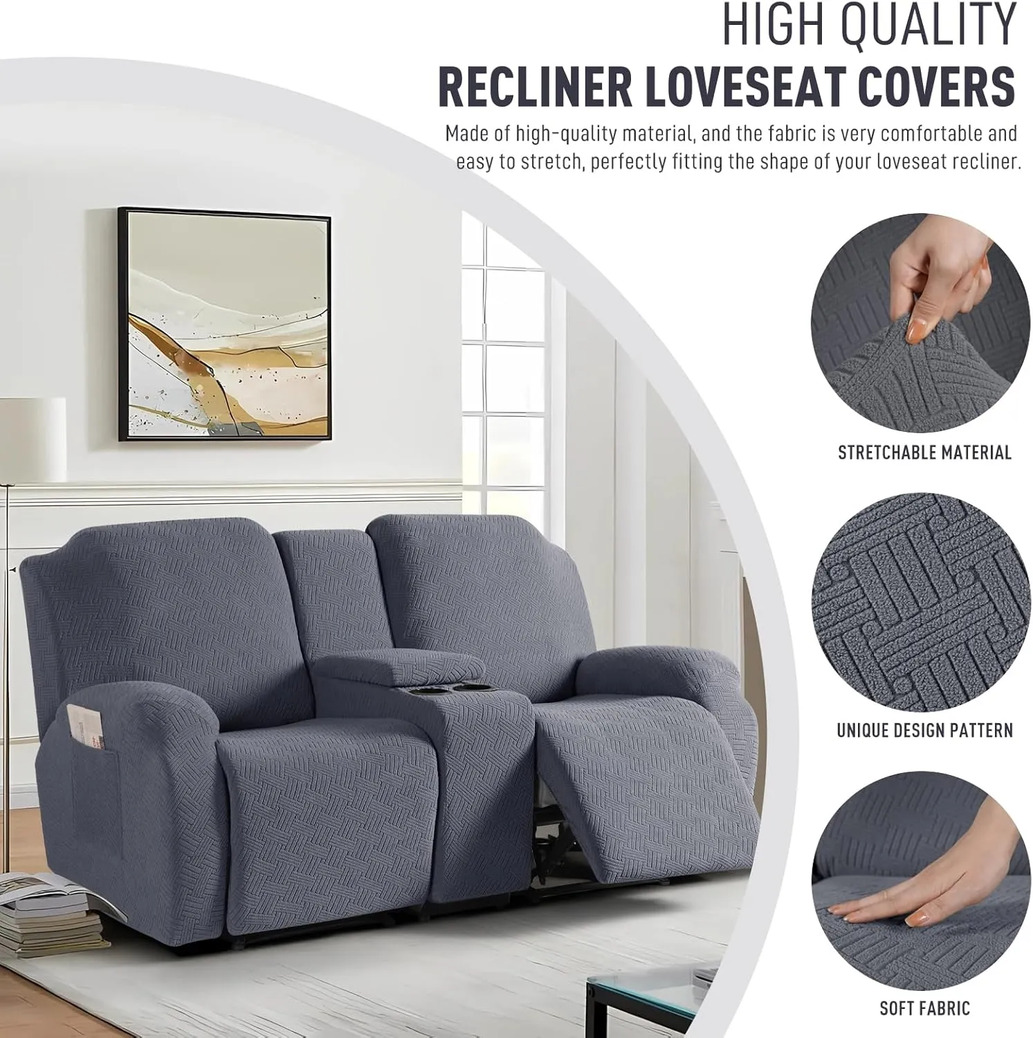 KinCam Loveseat Recliner Covers with Middle Console Slipcover, Recliner Sofa Covers 2 Seat Couch Cover Stripe Jacquard Furniture Protector Covers with Elastic Bottom for Kids, Pets (Dark Gray)