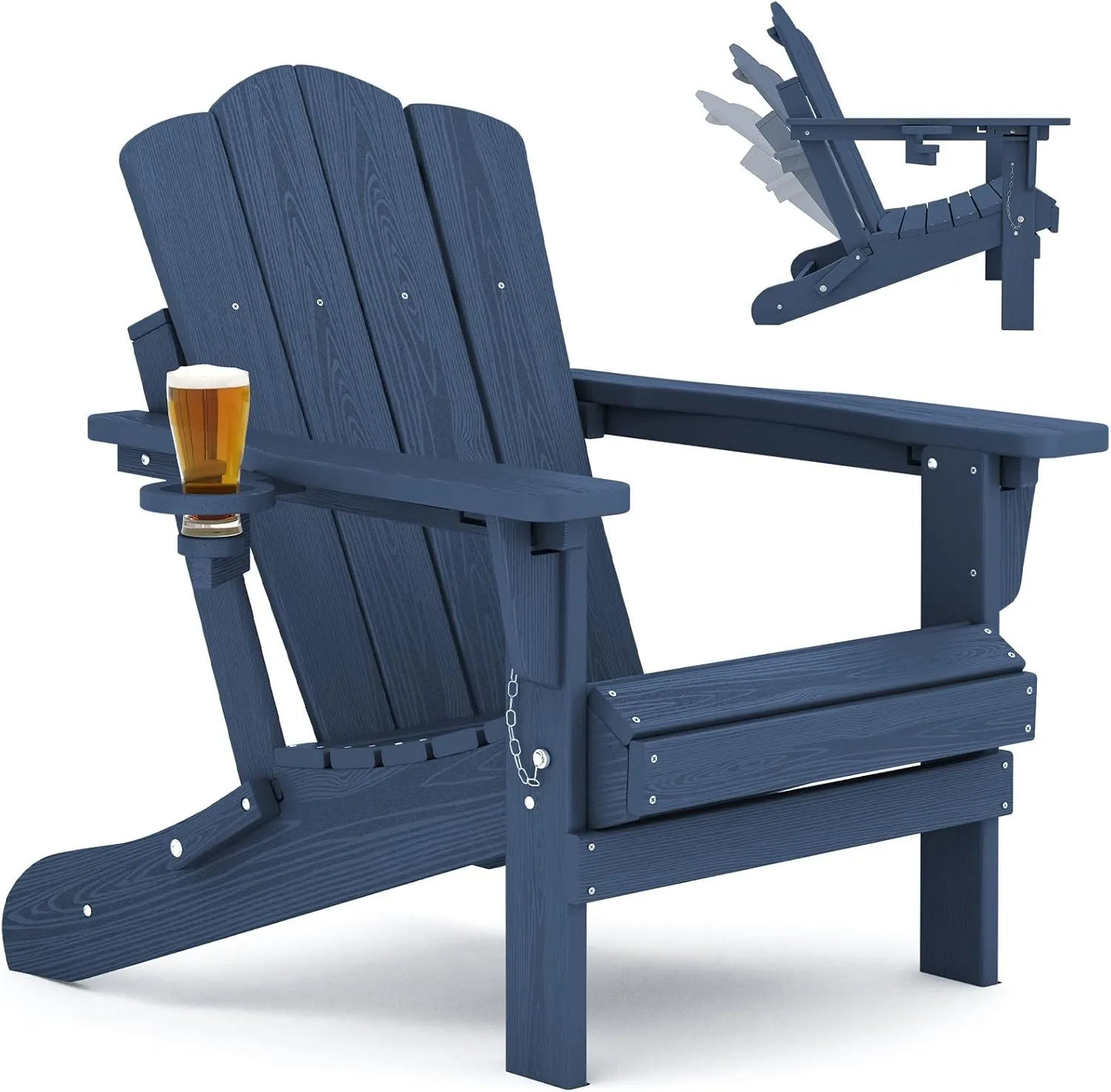 KINGYES Folding Adjustable Adirondack Chair, HDPE Reclining Adirondack Chair with Cup Holder, All Weather Use Oversize Adirondack Outdoor Chair, Blue