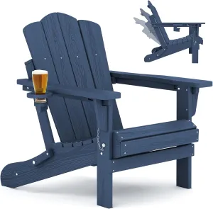 KINGYES Folding Adjustable Adirondack Chair, HDPE Reclining Adirondack Chair with Cup Holder, All Weather Use Oversize Adirondack Outdoor Chair, Blue