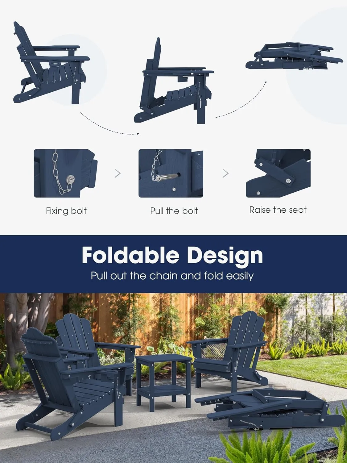 KINGYES Folding Adjustable Adirondack Chair, HDPE Reclining Adirondack Chair with Cup Holder, All Weather Use Oversize Adirondack Outdoor Chair, Blue