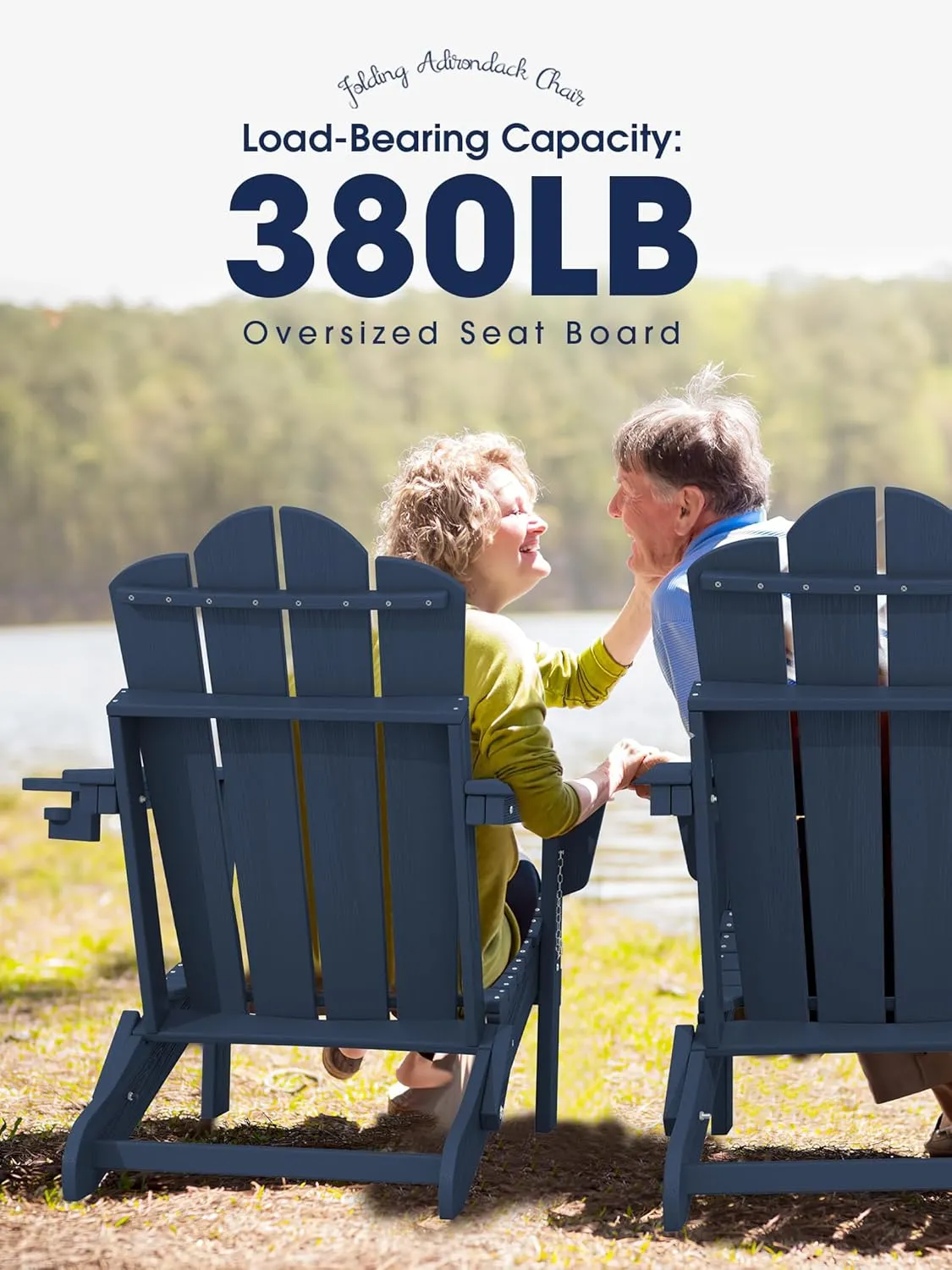 KINGYES Folding Adjustable Adirondack Chair, HDPE Reclining Adirondack Chair with Cup Holder, All Weather Use Oversize Adirondack Outdoor Chair, Blue