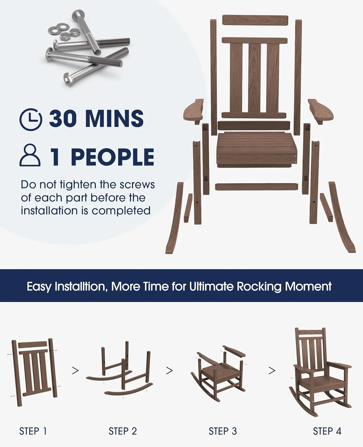KINGYES Outdoor Patio Rocking Chair Set of 2, Brown