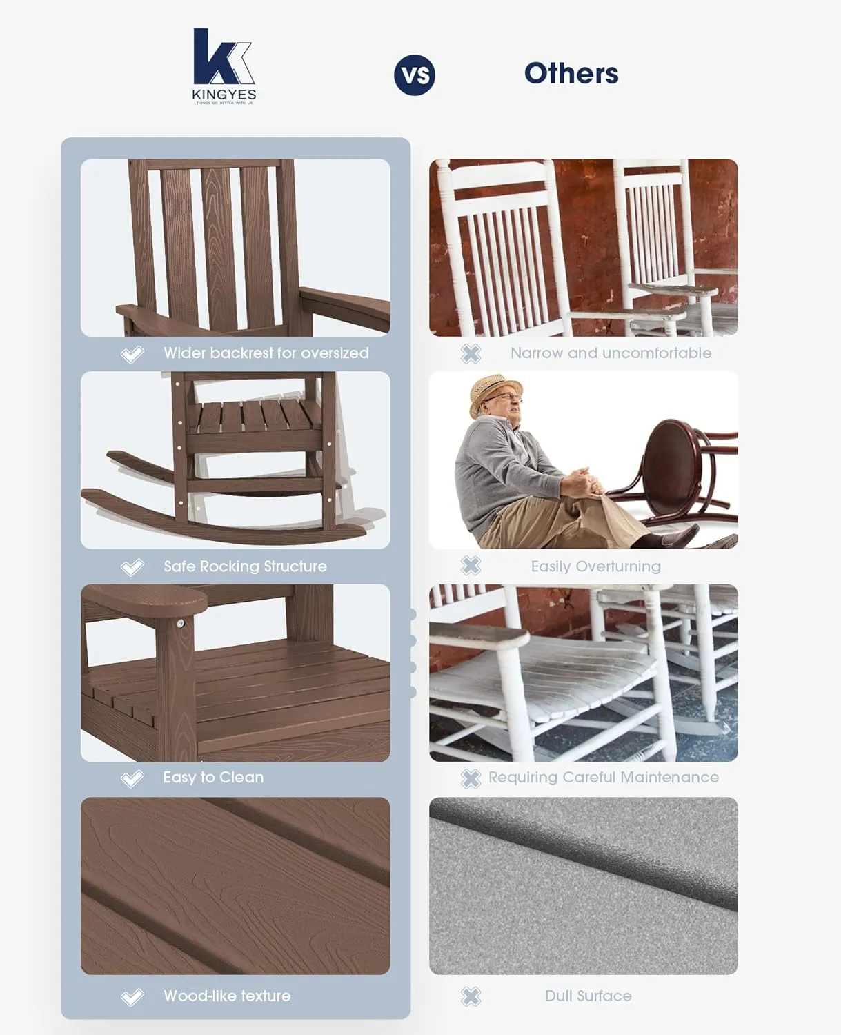 KINGYES Outdoor Patio Rocking Chair Set of 2, Brown
