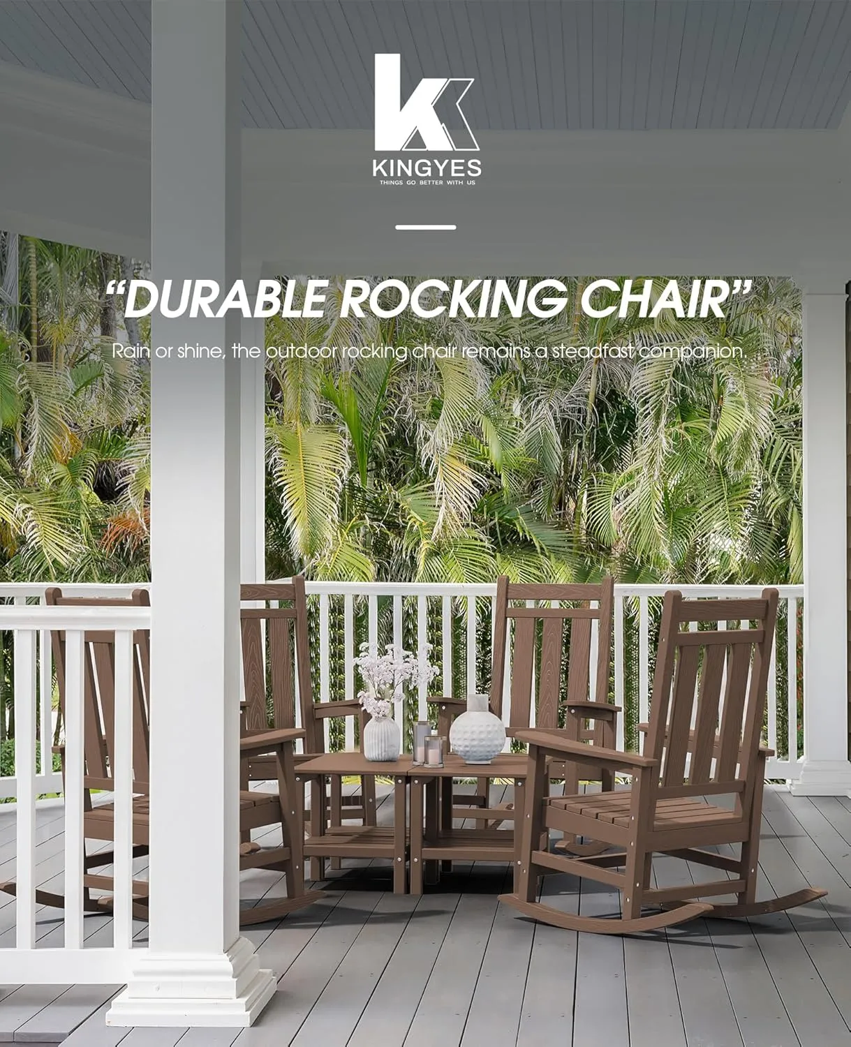 KINGYES Outdoor Patio Rocking Chair Set of 2, Brown