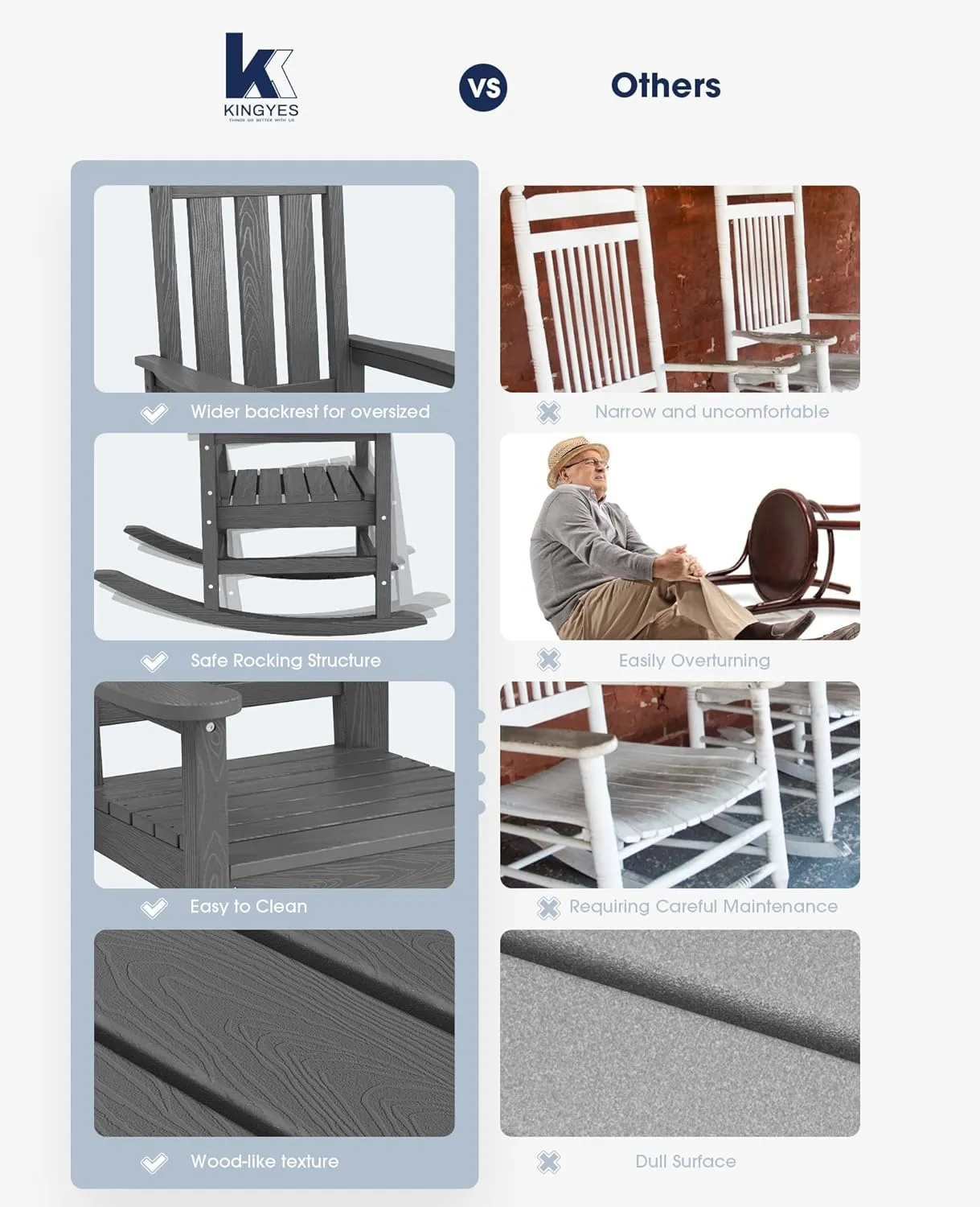 KINGYES Outdoor Patio Rocking Chair Set of 2, Gray