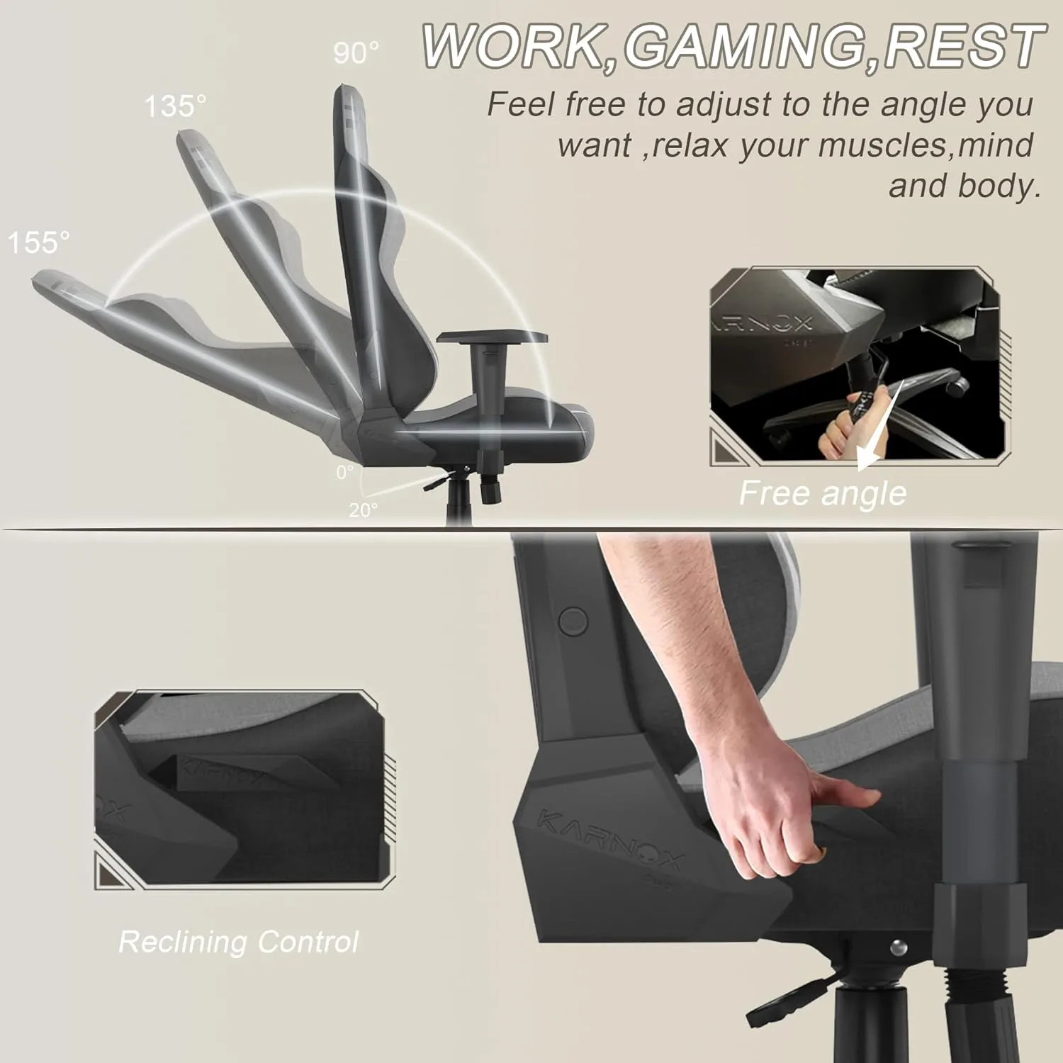 KORNOX Gaming Chair Ergonomic Fabric for Adults, Office Chair High Back,Desk Chair Racing,Task Chair Cloth Adjustable Swivel,Game Chair with Headrest and Lumbar Support for Teens,Silver Grey